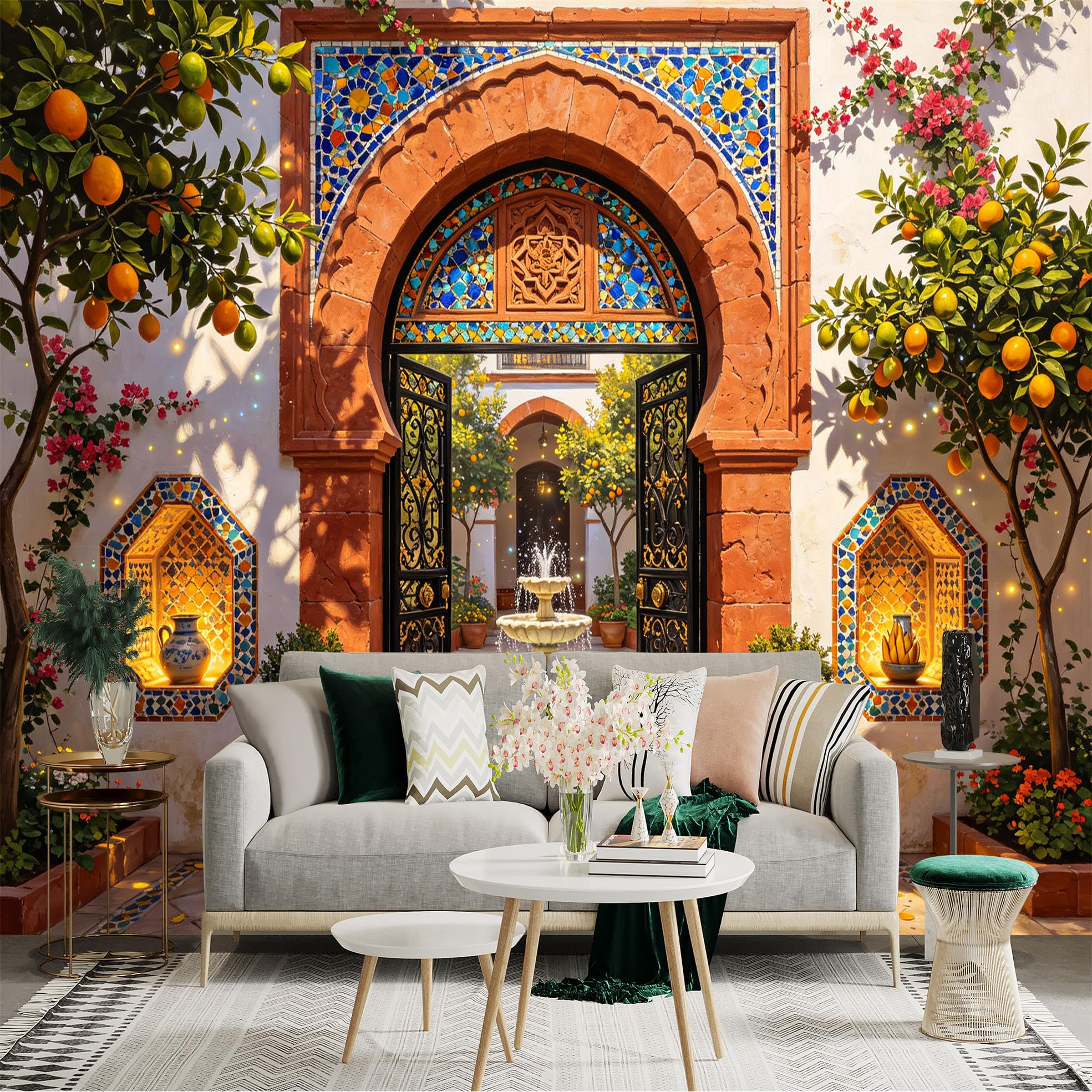 Custom Size Wall Sticker Mural， Moroccan Courtyard with Fountain， Arched Doorway and Orange Trees， for wall Decoration， peelandstick wall Decals.
