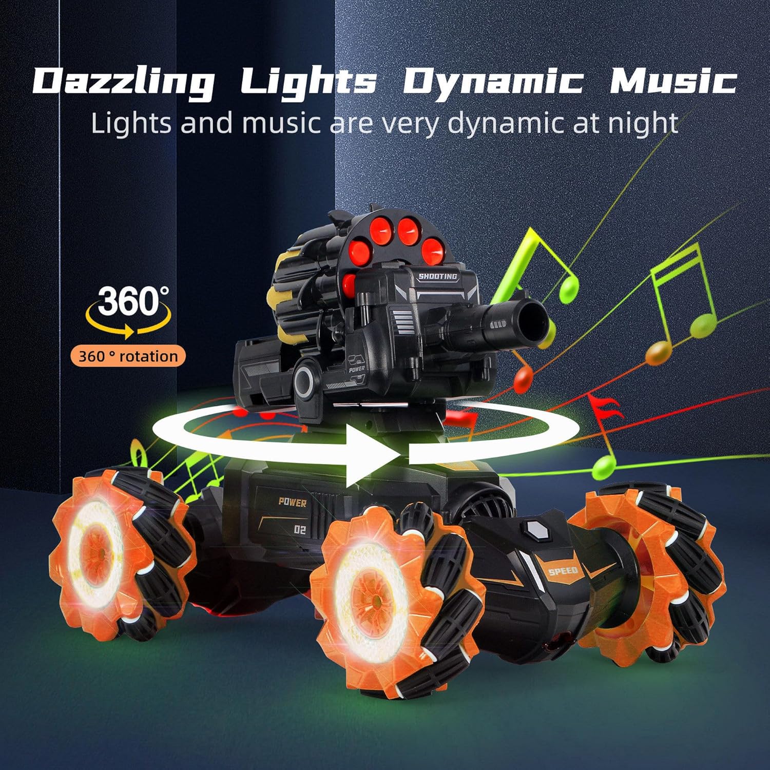 Rc Car Shoot SoftBullet,Fits for Nerf, Remote Control Hand Gesture Stunt Drift Truck, 360°Rotating Battle Tanks with Soft Bullets Water Bomb, Spray, Music, Led, Toy Gifts（Orange）