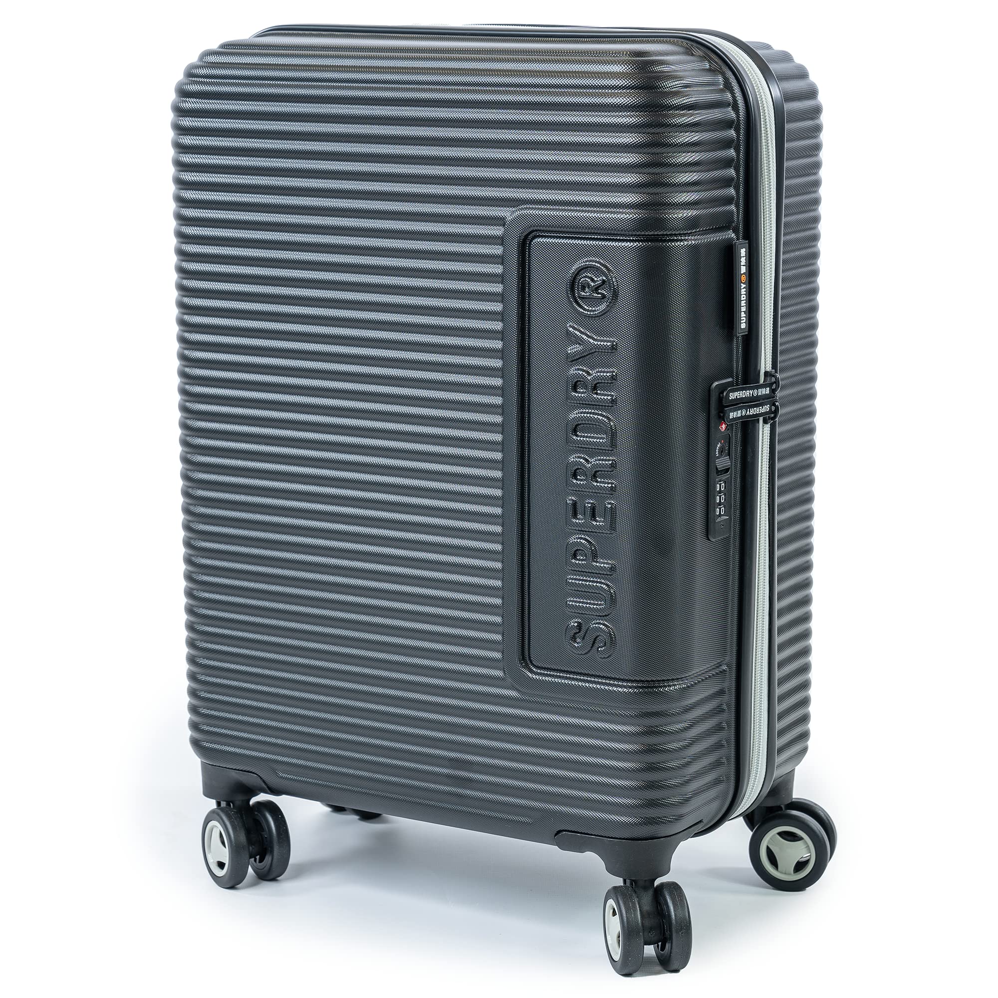SuperdryHard Shell Travel Suitcases - Lightweight, Robust, TSA Locks, with 8 Smooth Spinner Wheels, Telescopic Trolley, Clothing Retention Straps & High Cap Luggage (Black/Silver, Large)