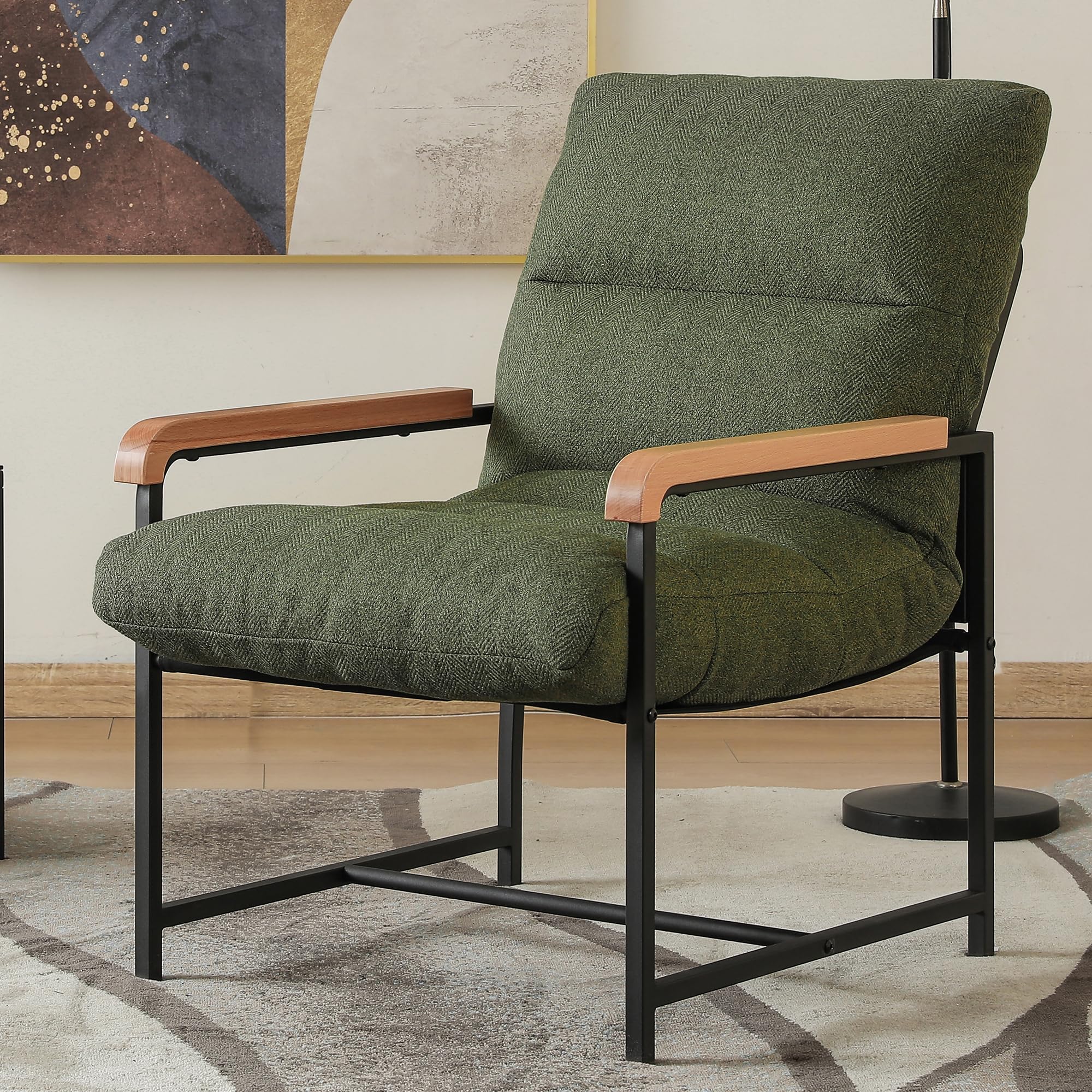 Mingone Sillón con reposabrazos, sillón Acolchado Suave, Silla de cóctel Acolchada Suave, Silla de sofá Individual, Adecuada para Dormitorio, Oficina y Ocio (Verde) | Reposabrazos de madera maciza, sillón tapizado con marco de metal, sillón moderno para s