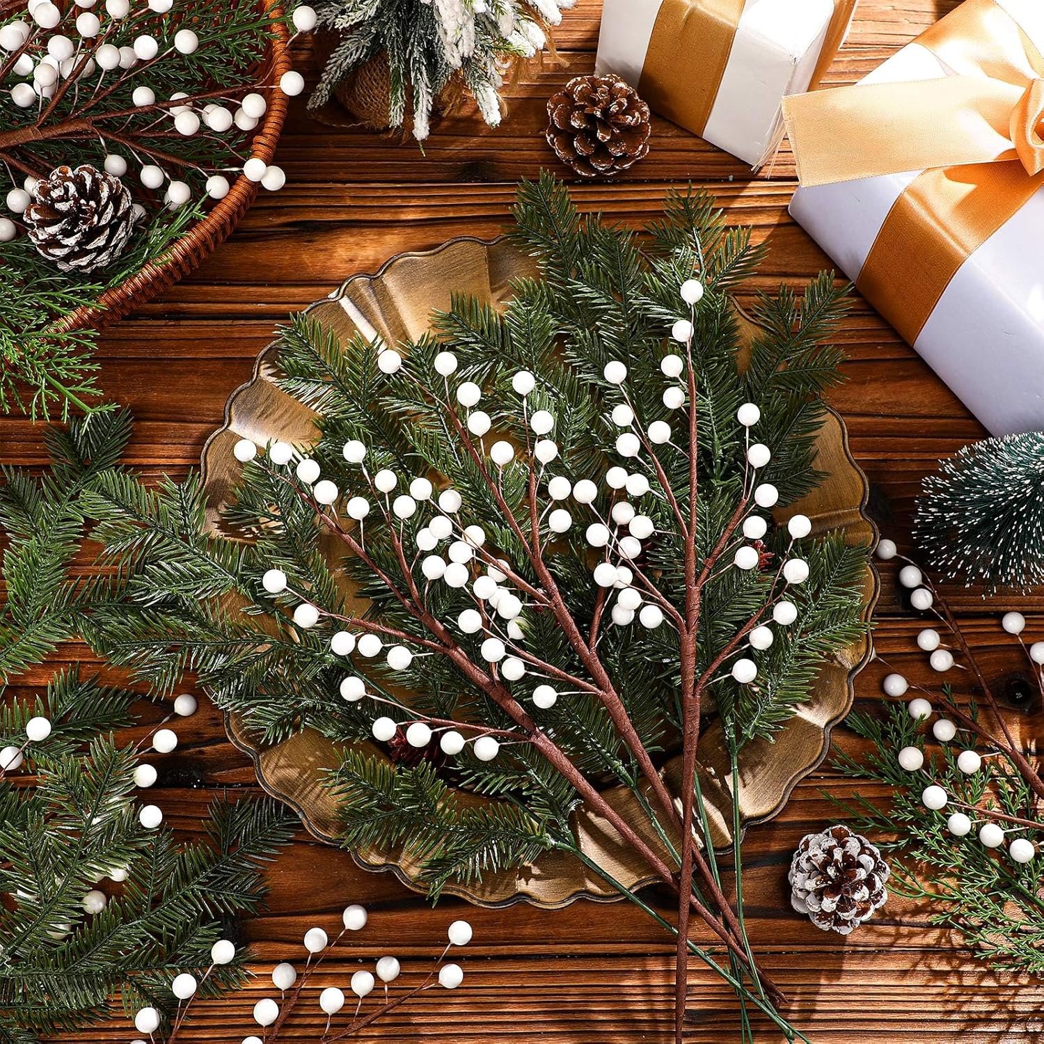 Tigeen 30 Pcs Christmas Artificial Pine Branches with Berry Stems 16 Inch Christmas Greenery Stems with Pinecones Faux Cedar Pine Needles Picks for Xmas Tree Vase Wreath Garland DIY(White)