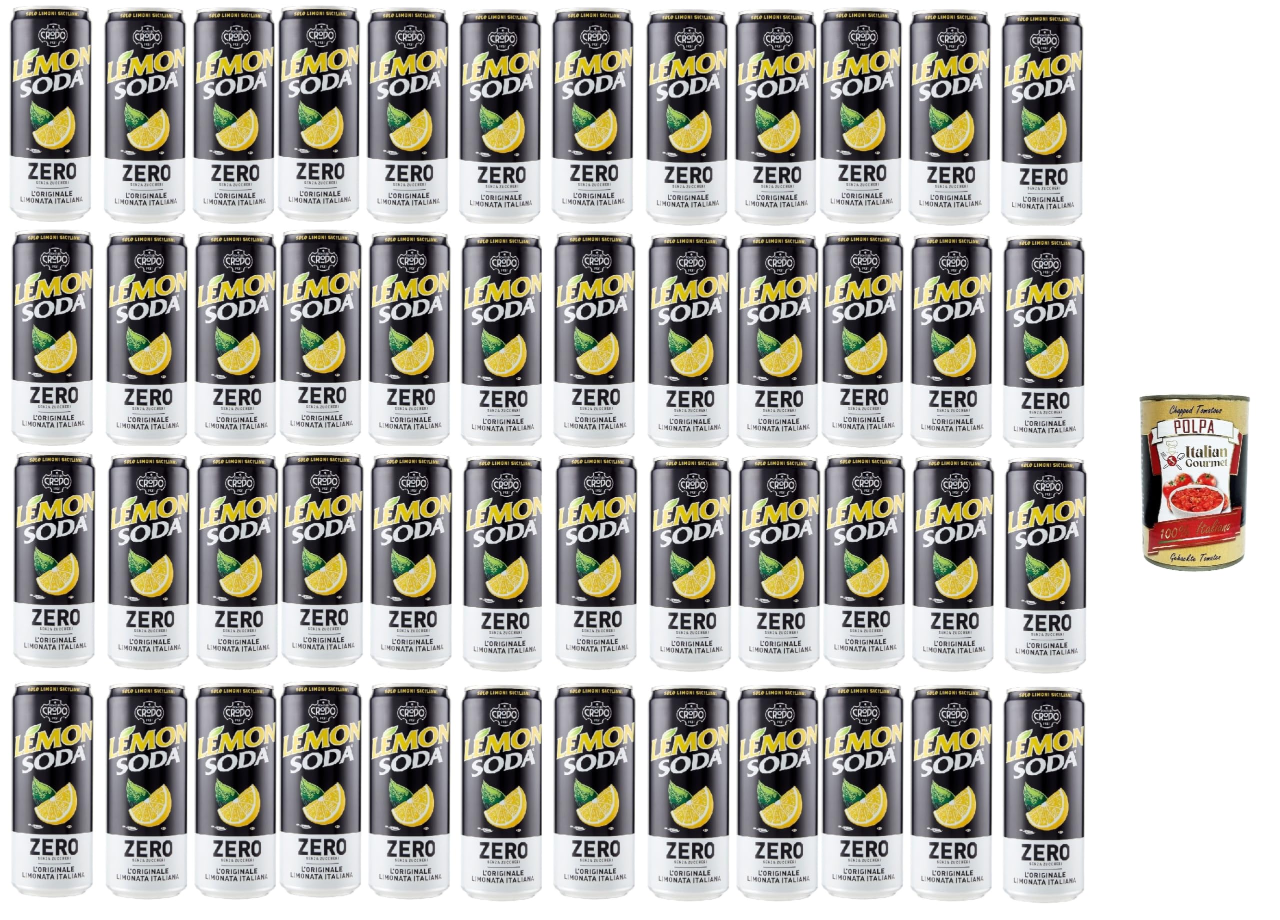 Italian Gourmet Lemonsoda Zero Limonata Zitronenlimonade Dose 48 x 330ml | Bevanda frizzante senza zucchero; original italienischer Zitrusdrink, Gesamtnettogewicht 15,84 L + Kostenlos Polpa 400g