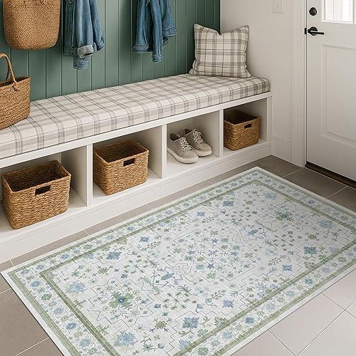 Miniatura 137 de Alfombra de Pasillo de Baño Lavable Oushak 2x5 - Floral Pastel Bohemio Ecléctico, Alfombra Pequeña Antideslizante de Pelo Bajo Resistente a Manchas