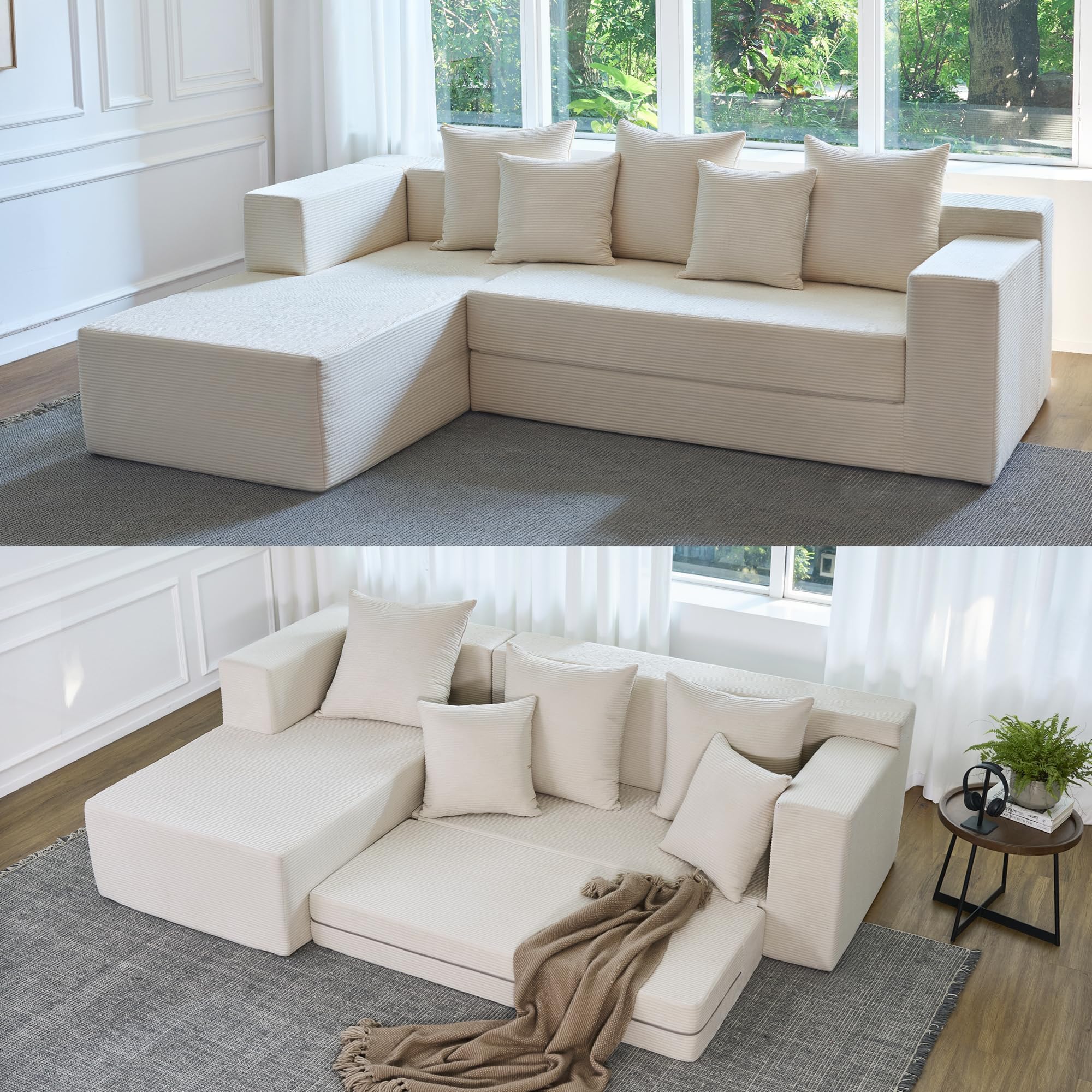 YINIX Canapé Lit 3 Places Modulable Pliable 4 en 1 en L, Velours Côtelé