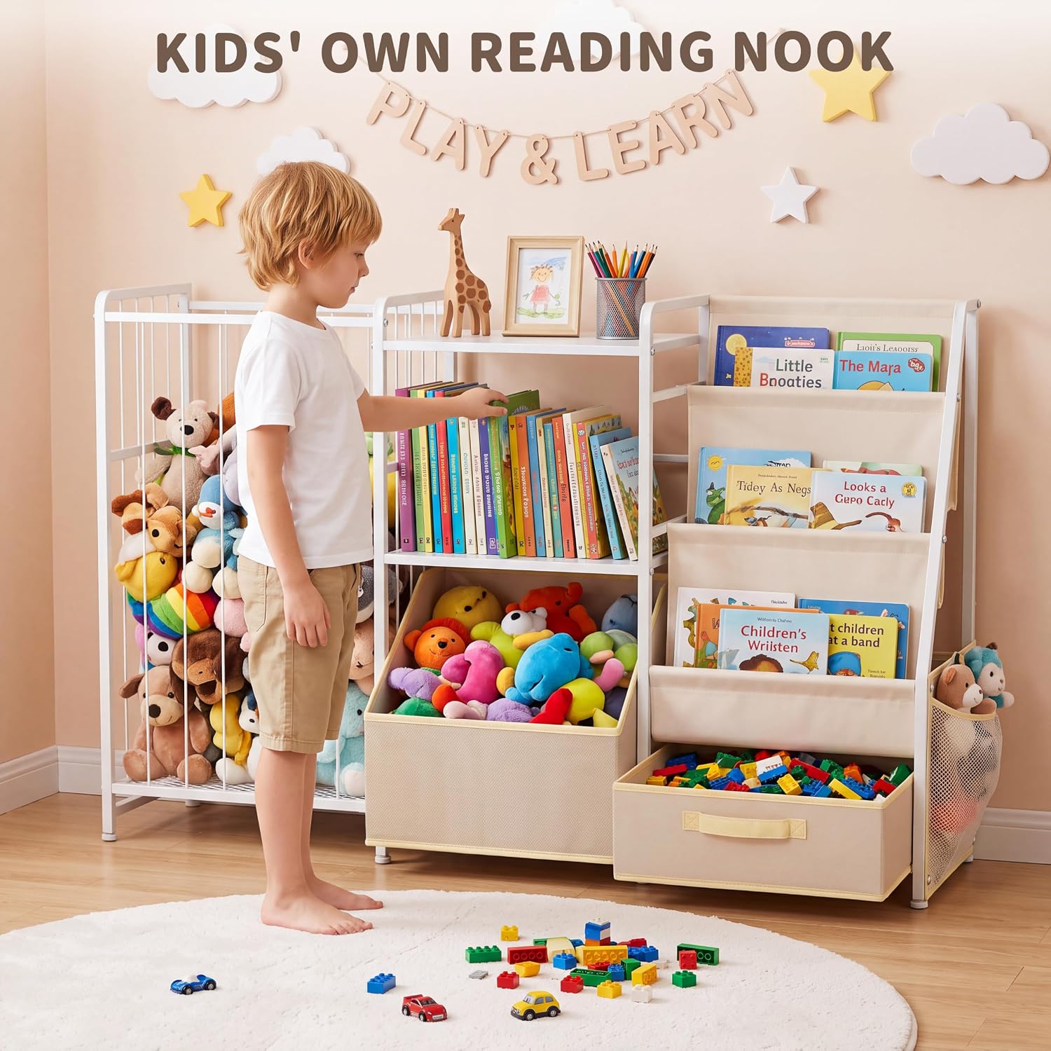 Kids Bookshelf and Toy Storage, Large 3 Tier Book Shelf for Kids Rooms, Sling Baby Bookcase with Stuffed Animal Storage, Toddler Montessori Bookshelf for Nursery, Playroom, Kindergarten