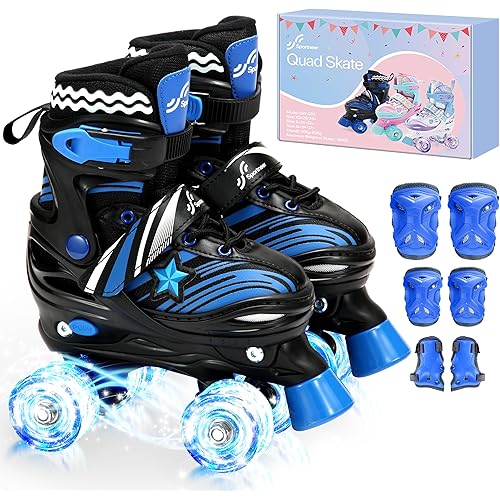 Sportneer Kids Roller Skates: 4 Size Adjustable Quad Skates with Light Up Wheels for 5-8, 8-12 Girls Boys Kids Toddlers Beginners, Birthday Gift with Protective Gear Set for Outdoor Indoor