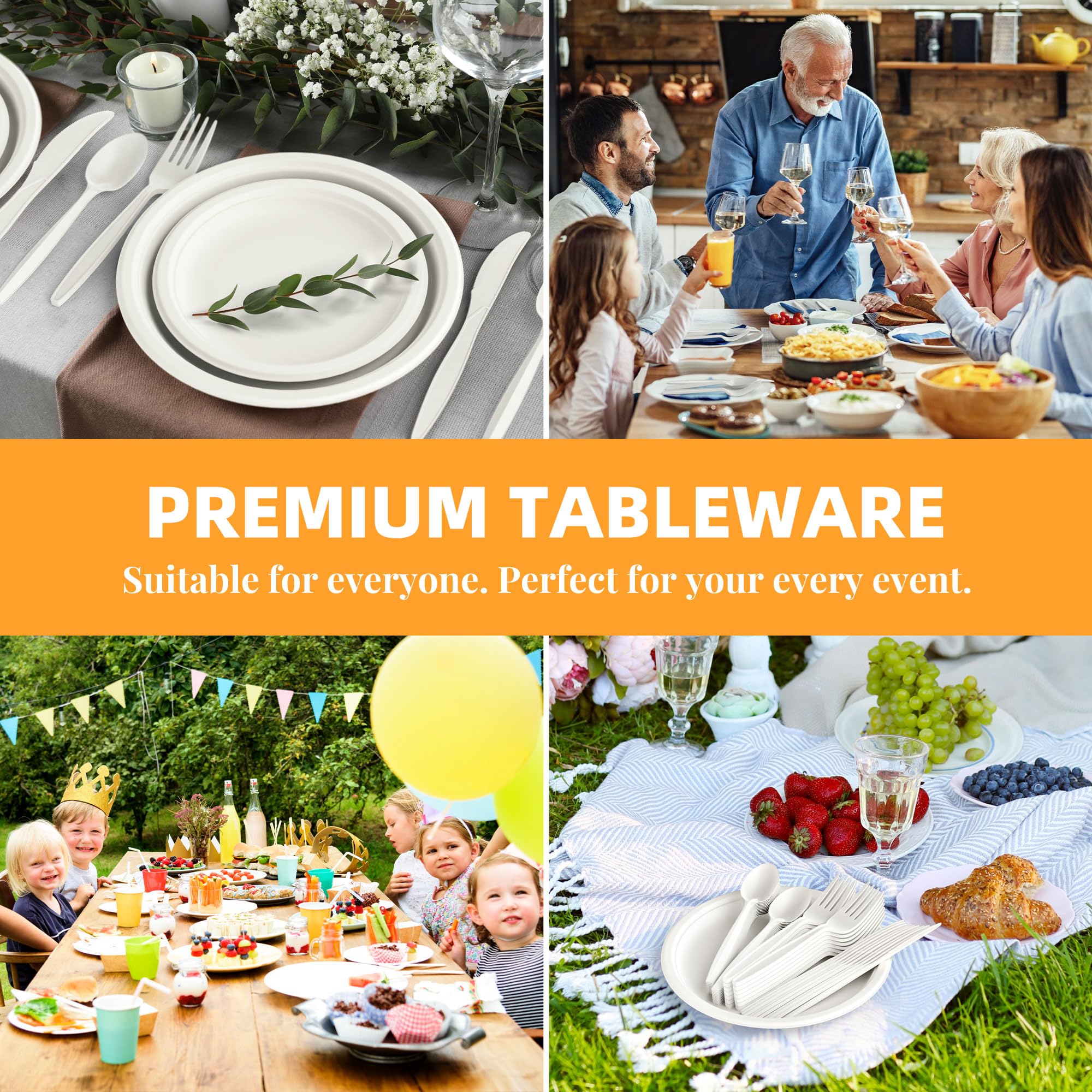 100% Compostable Cutlery Set,150pcs (50 Forks,50 Spoons,50 Knives) Disposable Cornstarch Utensils Heavy Duty BPI Certified Eco-Friendly Party Supplies No Plastic, Ivory White