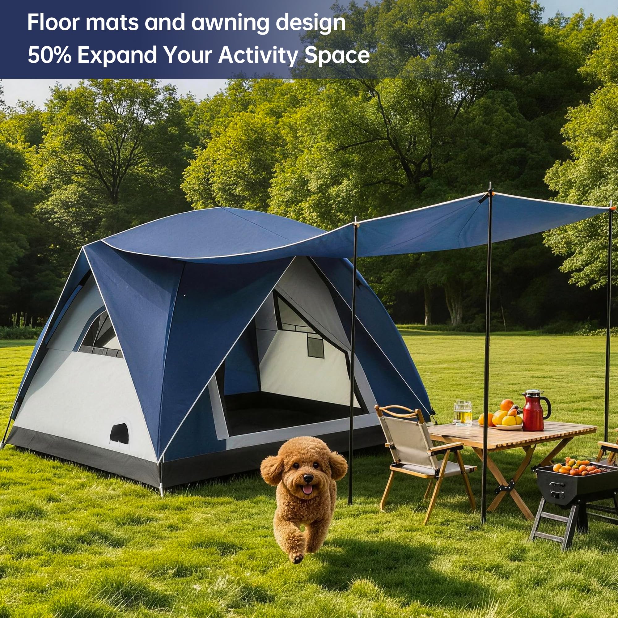 Tienda de campaña con cúpula para 2-3 personas con sala de estar y toldo, doble capa impermeable, ligera, fácil de instalar, bolsa de transporte portátil para senderismo, 210 x 210 + 150 x 160 cm