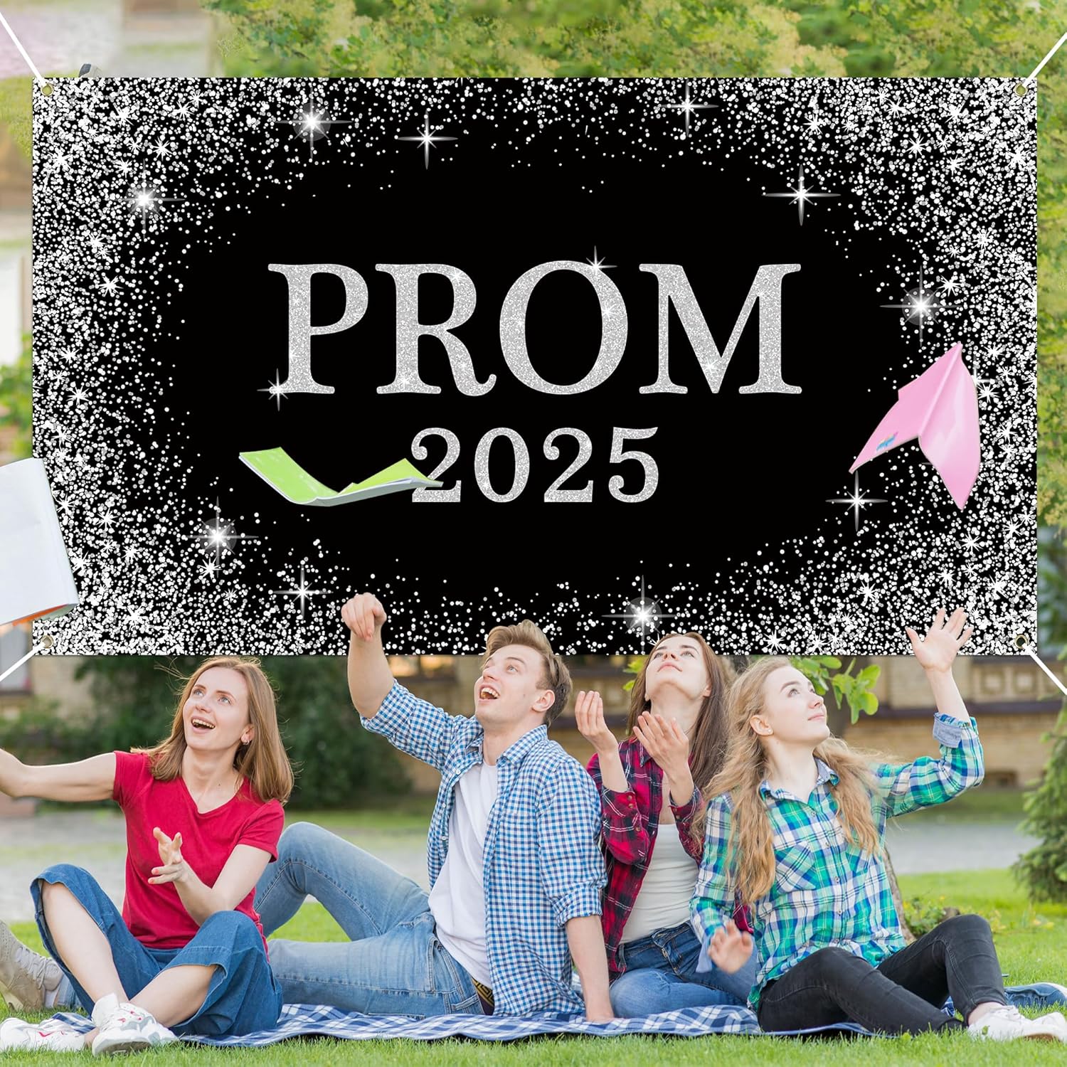 WATINC Graduation Prom 2025 Backdrop Banner - Xtralarge Graduation Prom Party Photo Props Decoration, 79 X 45 Inch Celebration Background Indoor Outdoor Decor Supplies (Glitter Black and Silver)