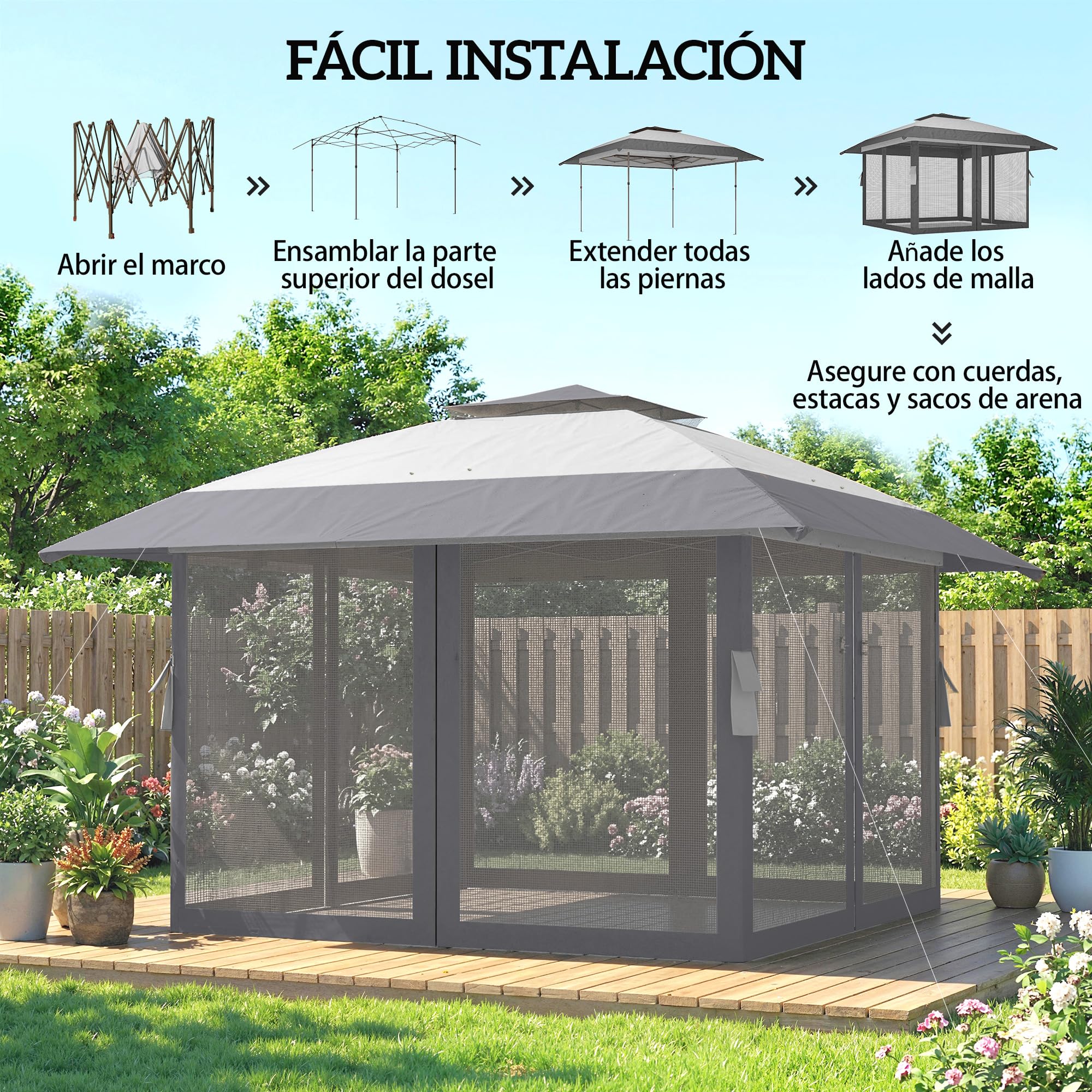 Outsunny Carpa Plegable 4x4 m, Pop-up, con Doble Techo, 4 Paredes Laterales de Malla, Cenador de Jardín con Altura Ajustable 3 Niveles, Bolsa de Transporte, UPF30+, Gazebo para Camping, Fiestas, Gris