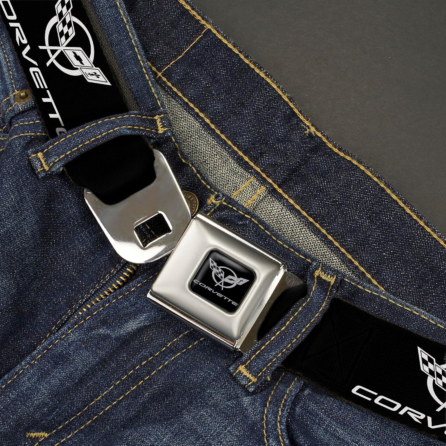 Buckle-Down Seatbelt Belt - Corvette Black/Silver REPEAT - 1.0" Wide - 20-36 Inches in Length
