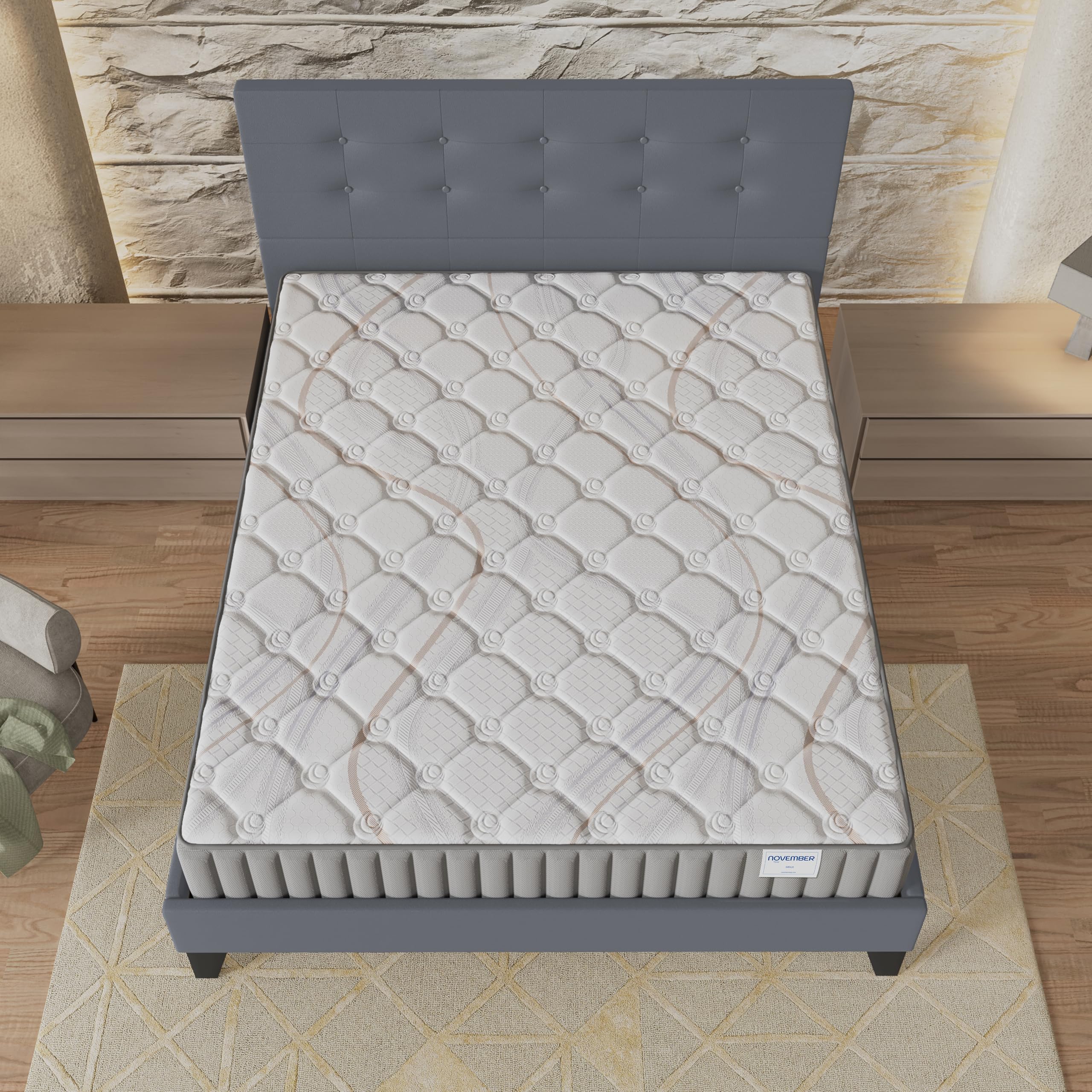 NOVEMBER- Ensemble Matelas + Sommier & tête de lit capitonnée (140 x 200cm) - Matelas Sirius Latex Naturel d’épaisseur 16cm + Lit Stable & Robuste, revêtement synthétique Gris