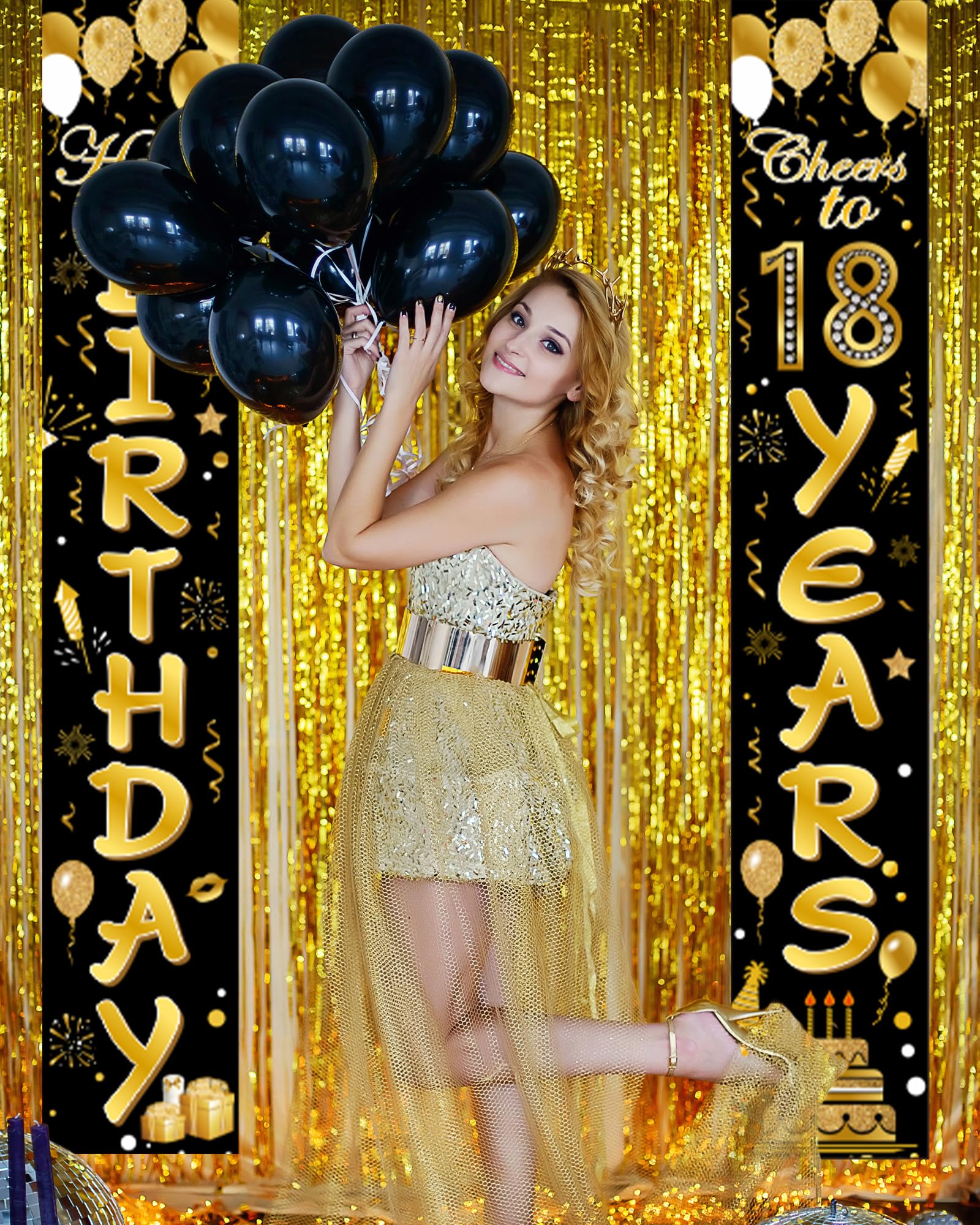 Nelbiirth Grande Bannière Photo « Happy 10th Birthday » Noire Et Dorée – Cheers To Ten Years Old Birthday Toile De Fond Murale Photoprop Pour Décoration De Fête D'anniversaire 10 Ans