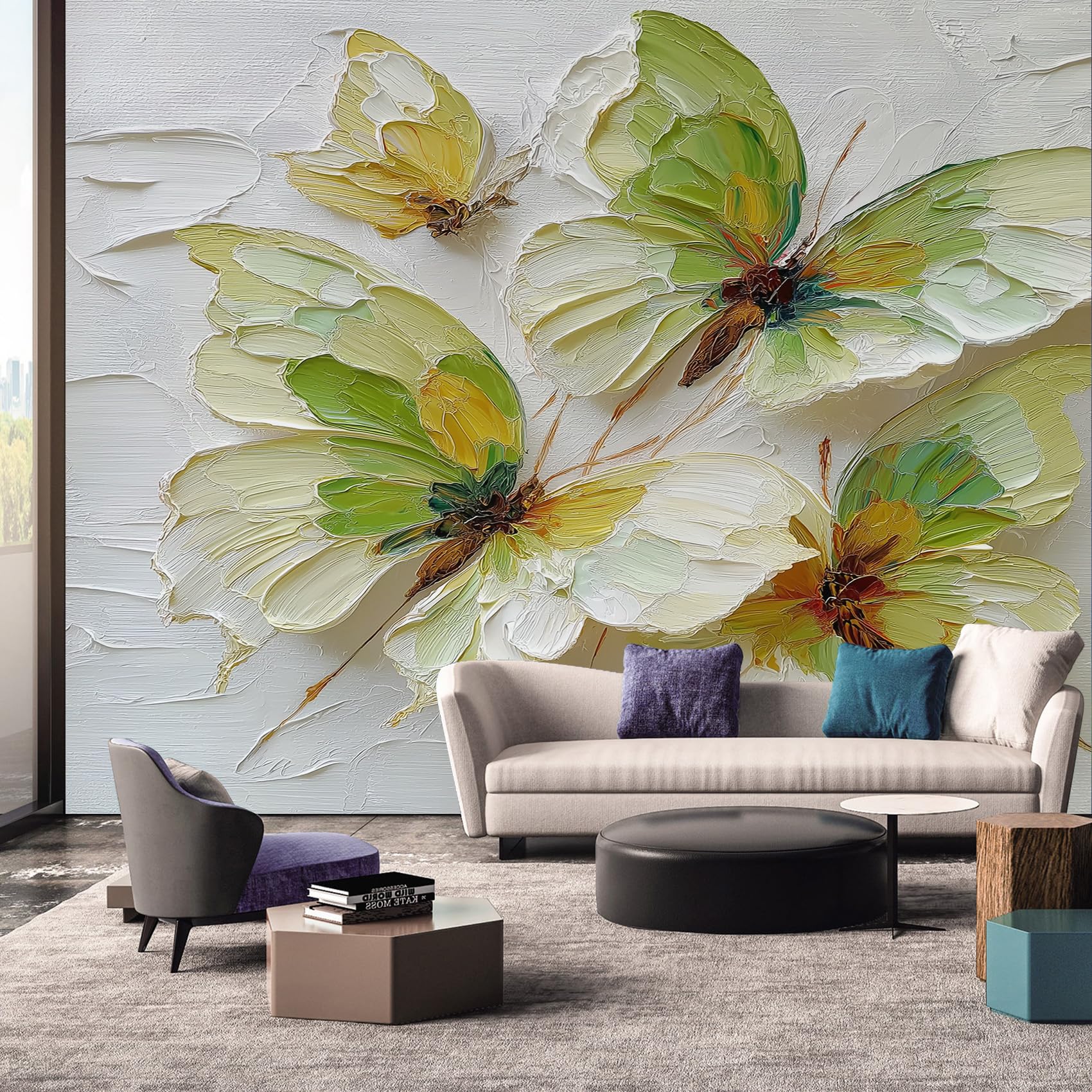 Papier peint panoramique 3D vert avec papillon mural
