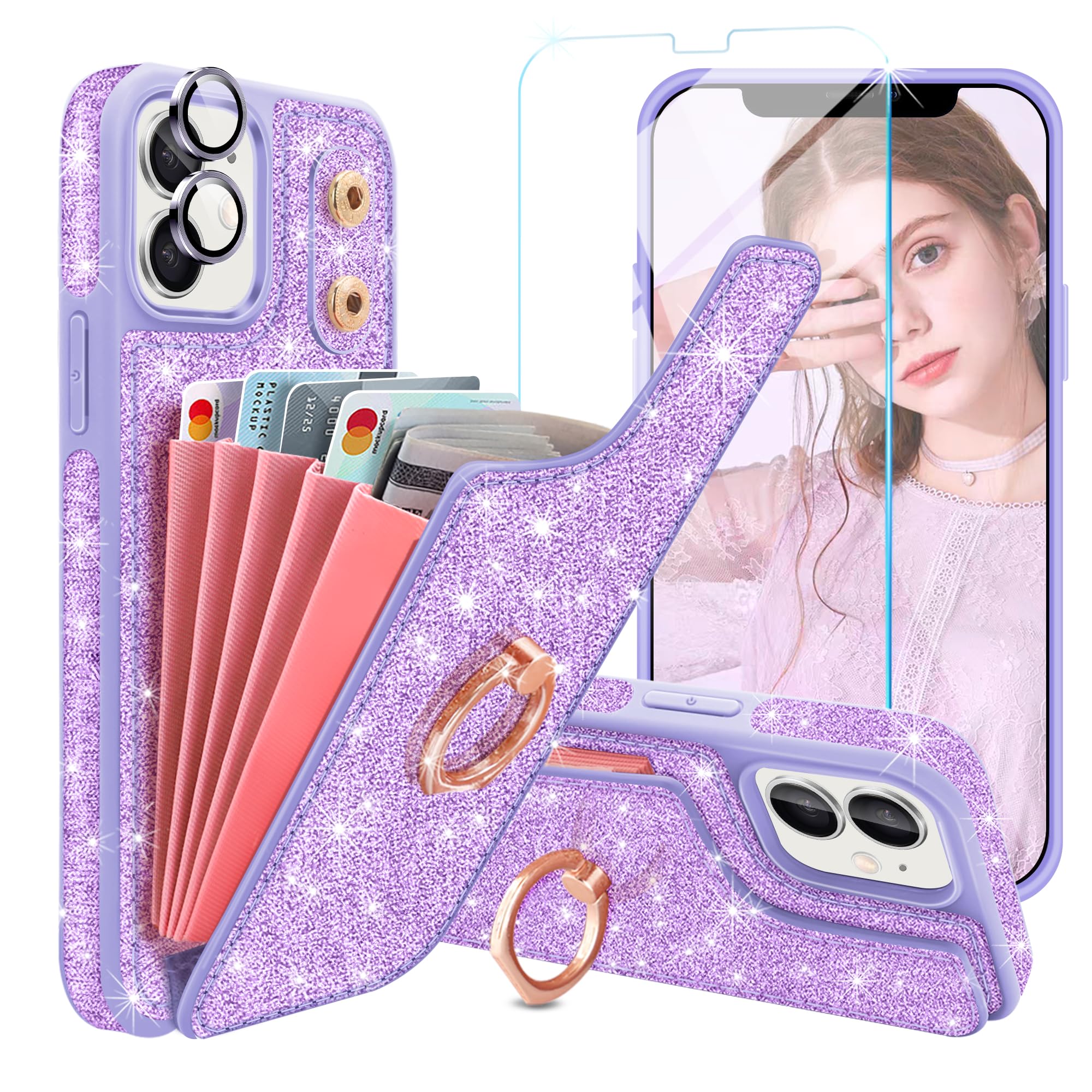 Casewind for iPhone 11 Case Wallet,with [Screen Protector + Camera Lens Protector] Sparkle 5 Card Holder 360°Rotation Ring Kickstand Women Girls Shockproof Phone Case for iPhone 11,6.1 inch,Purple