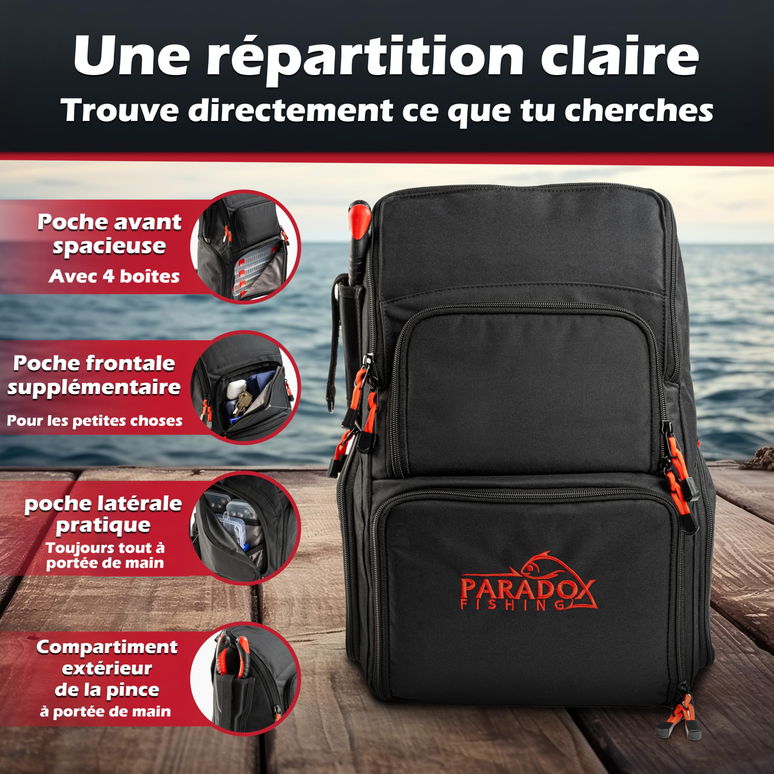 Paradox Fishing Sac à Dos de pêche avec 4 boîtes I Sac a Dos Peche I Sac de Peche - Fond étanche