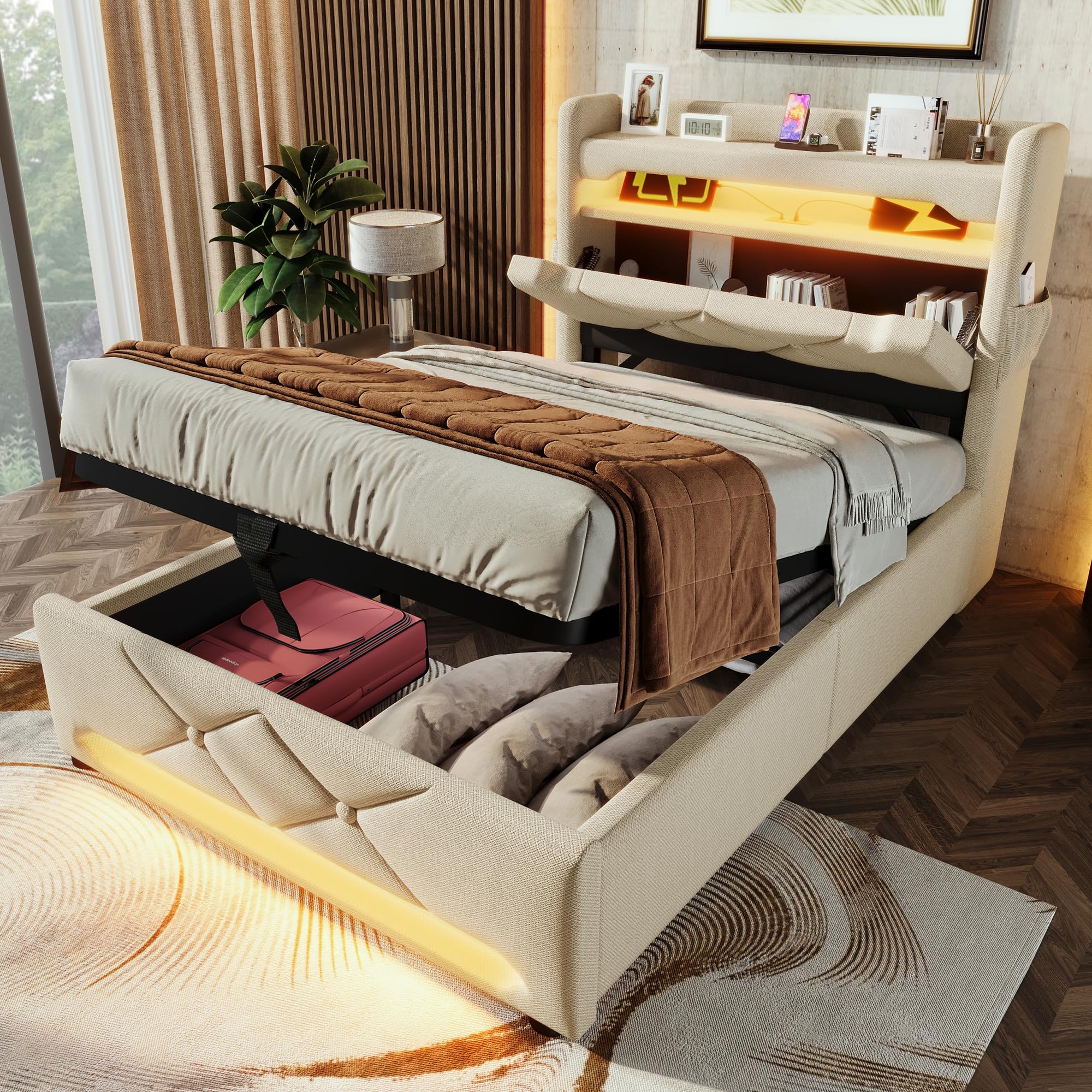 Dolamaní Modern eenpersoonsbed, 90 x 200 cm, fluwelen stoffen gestoffeerd bed met hydraulische opbergruimte, dubbele zijwanden met opbergvakken en led- en USB, functioneel bed, logeerbed, beige Dolamaní Modern eenpersoonsbed, 90 x 200 cm, fluwelen stoffen gestoffeerd bed met hydraulische opbergruimte, dubbele zijwanden met opbergvakken en led- en USB, functioneel bed, logeerbed, beige