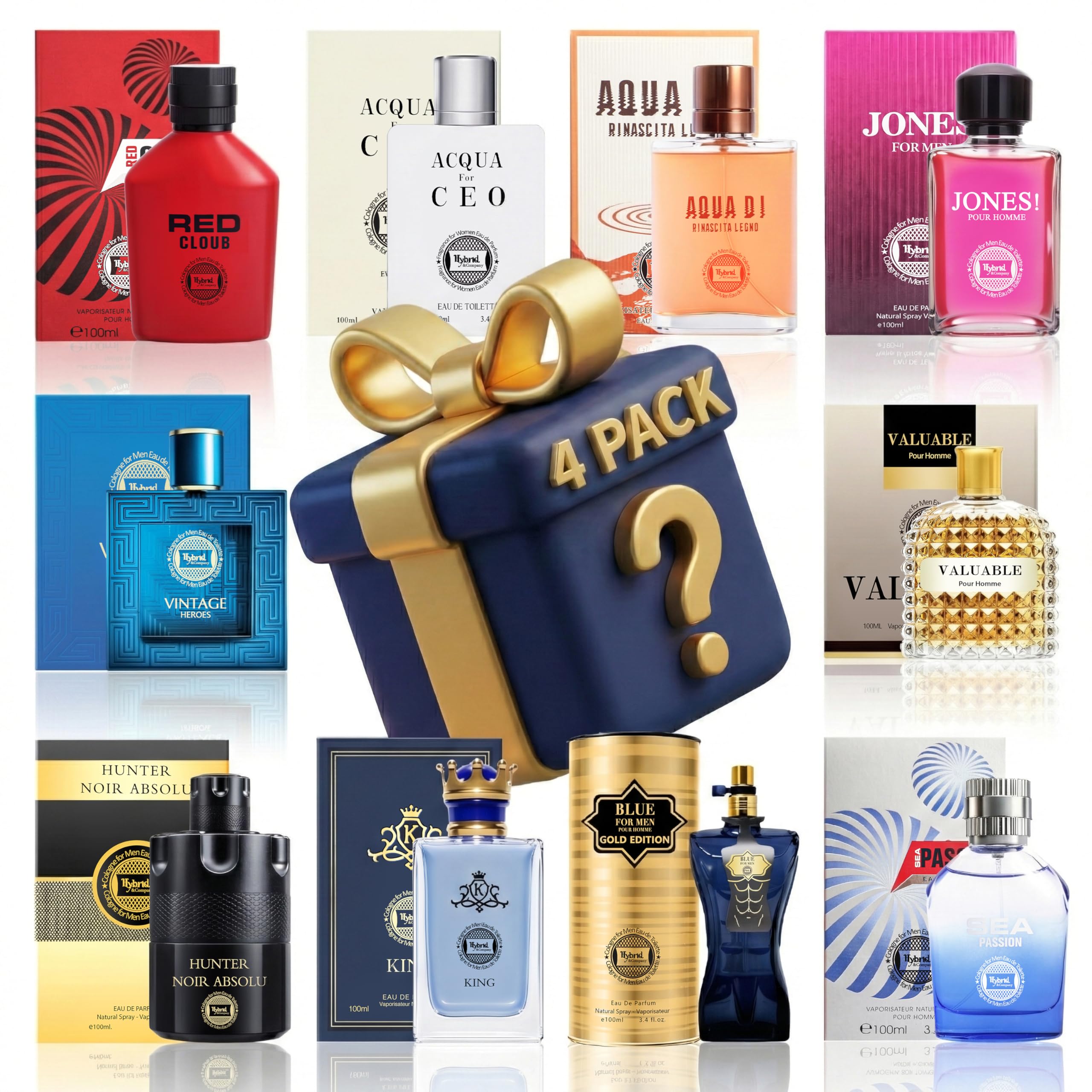 Hybrid & Company Men's Cologne Mystery Box 4Pcs, Surprise Blind Box Random Scent, Extended Wear Fragrance Eau de Parfum Cologne Gift Set for Men, 3.4 Fl Oz Each Supprise variety scents 3.4 Fl Oz (Pack of 4)