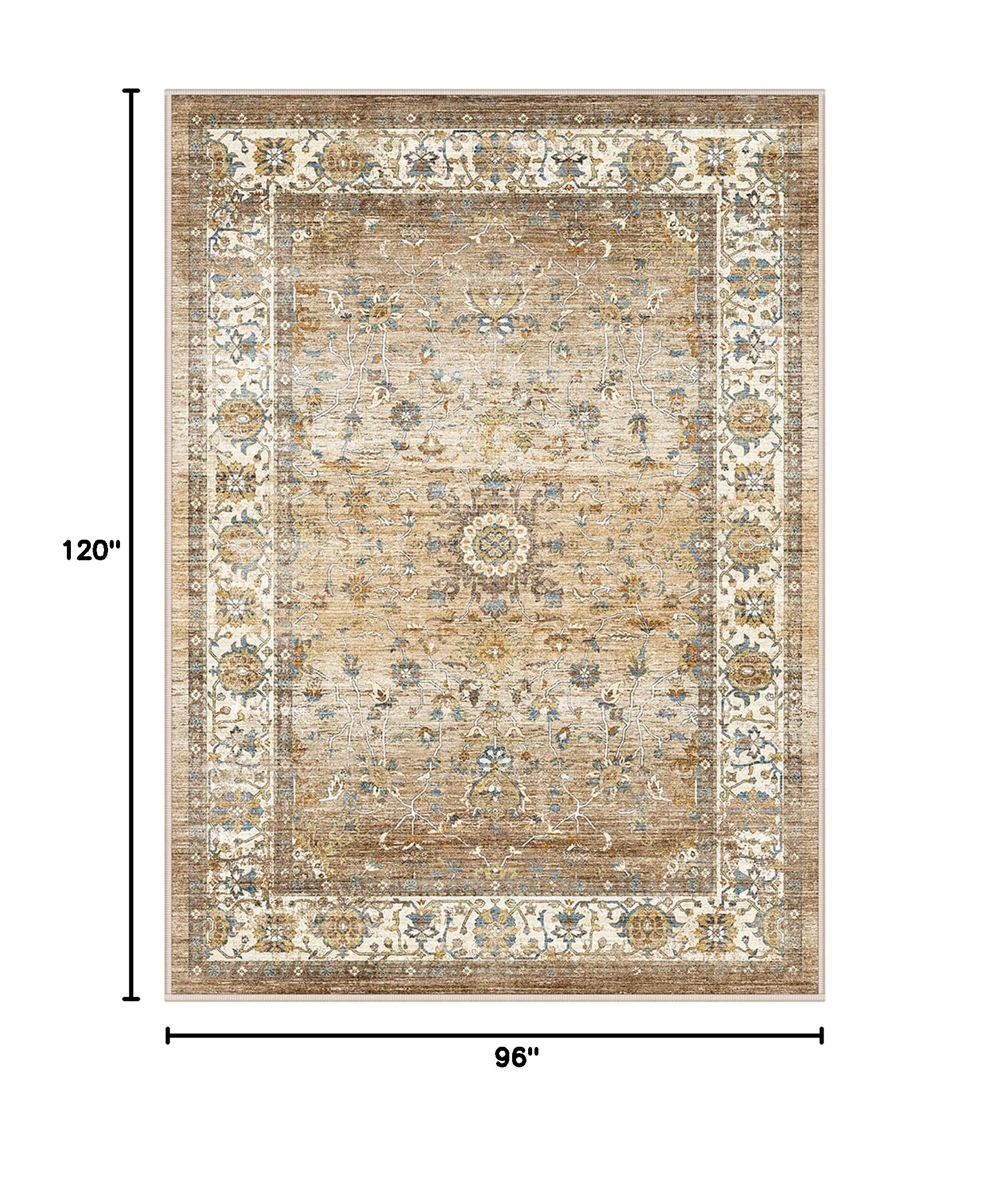 5x7 Area Rugs for Living Room,Stain Resistant Washable Rug,Non-Slip Backing Rugs for Bedroom,Kitchen,Printed Vintage Home Decor Rug (Apricot/Blue, 5'x7')
