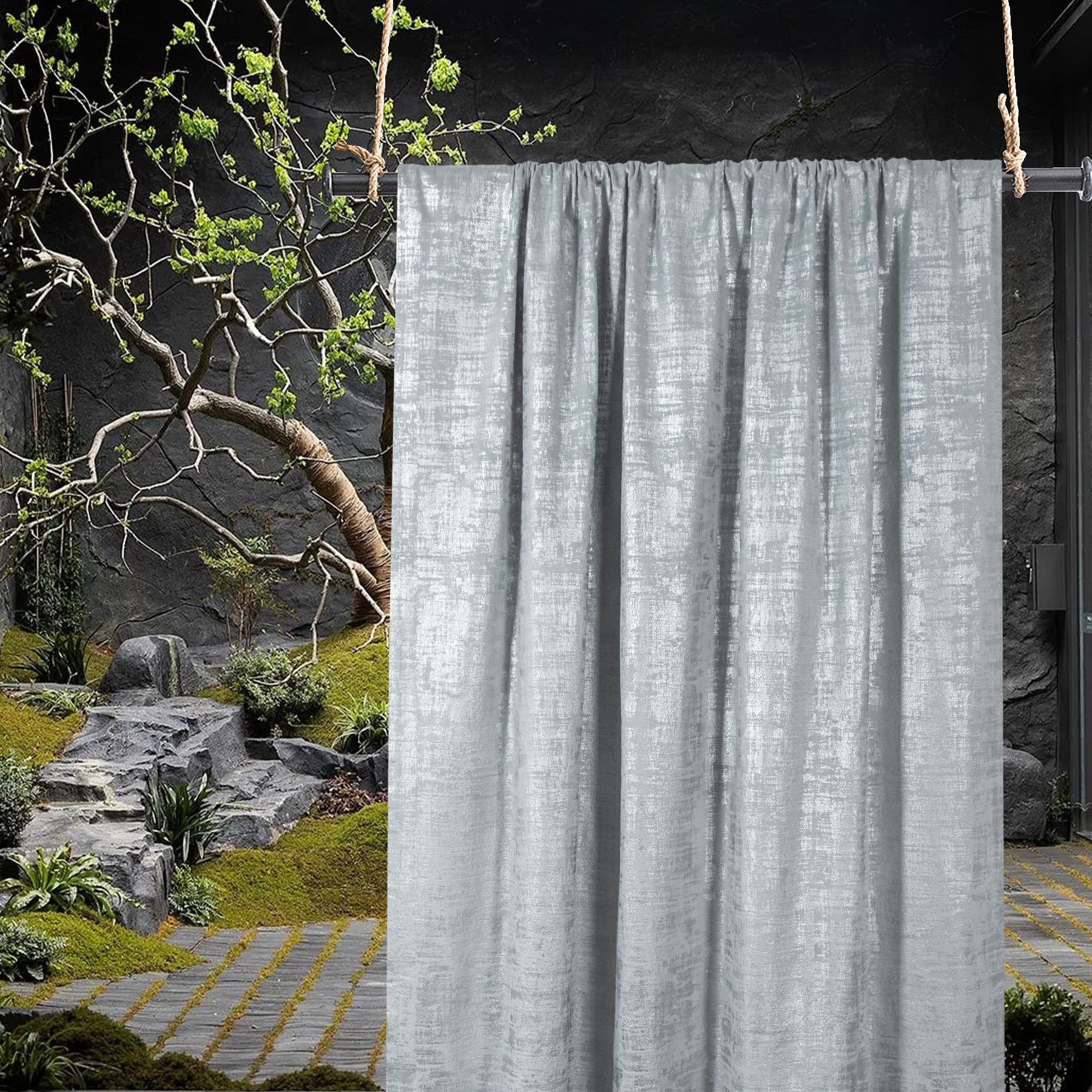 always4u Vorhänge Blickdicht 100% Verdunklungsvorhänge, Thermovorhang Hitzeschutz mit Ösen, Elegant Samtvorhänge mit Silberdruck für Schlafzimmer Wohnzimmer, Silber, 2er Set 140×245cm