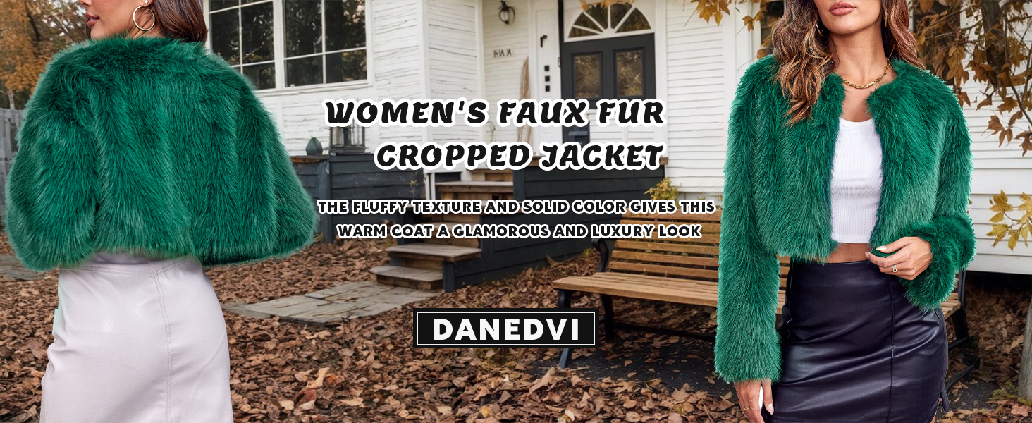 Danedvi Women's Fashion Cropped Faux Fur Jacket Long Sleeve Open