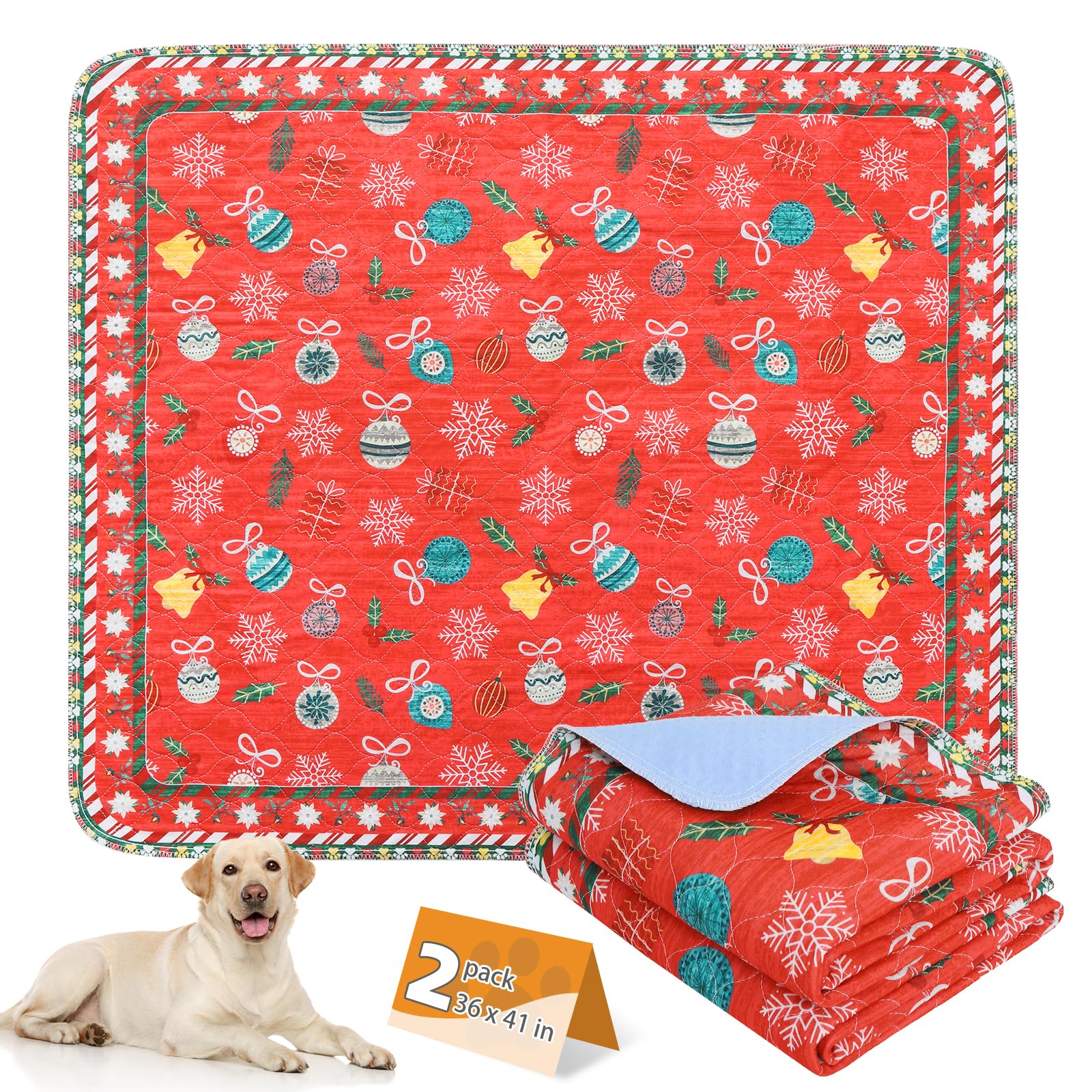 KOOLTAIL Washable Pee Pads for Dogs, 2 Pack Christmas Pet Mats, Super Absorbent Reusable Puppy Training Pads Waterproof,Nonslip Leak-Proof Dog Pee Pad,Large Whelping Pads for Floor,Crate,Couch,36"*41"