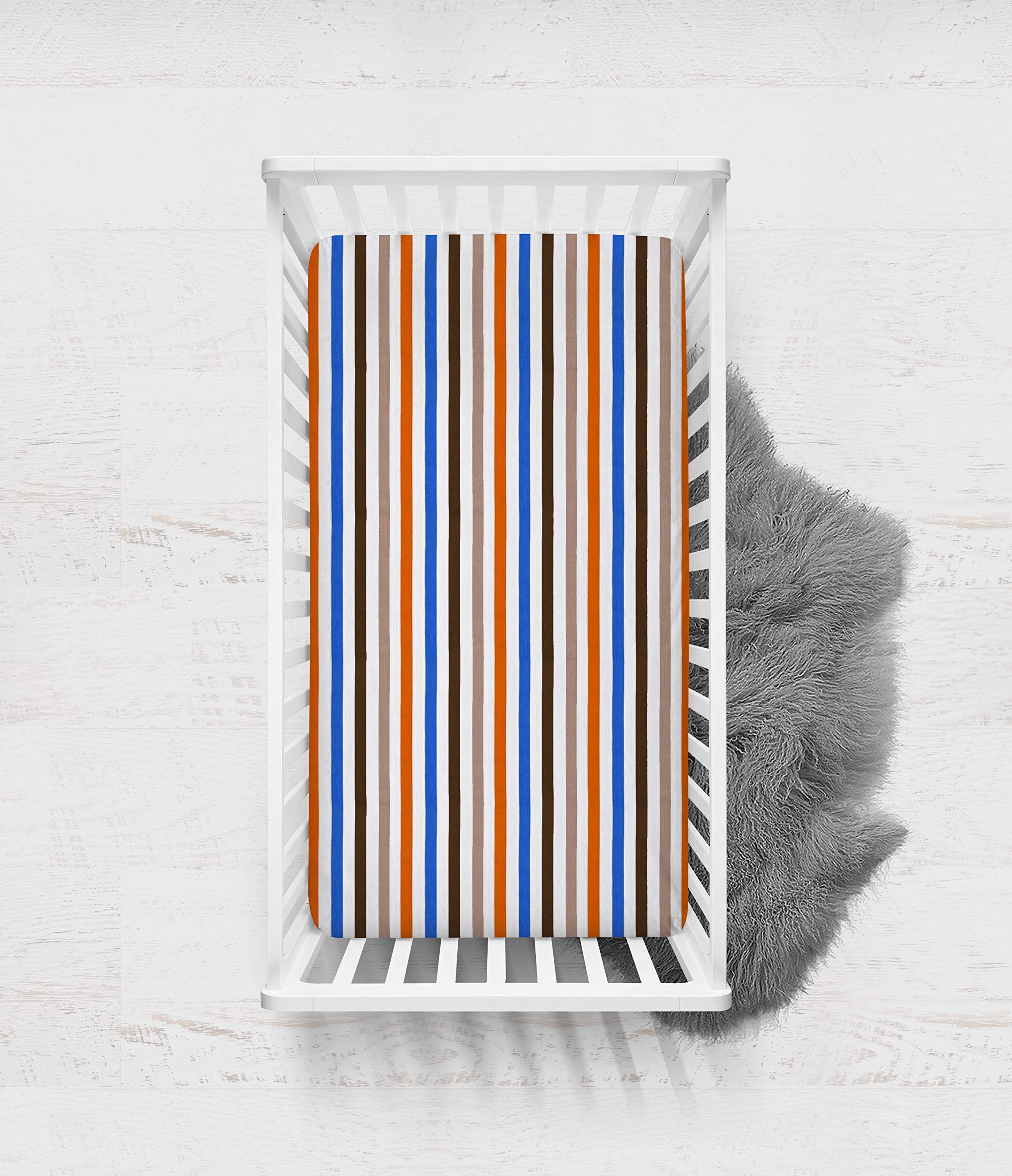 bacati sábanas ajustables para cuna, mod rayas azul/naranja/chocolate (Pack de 2)