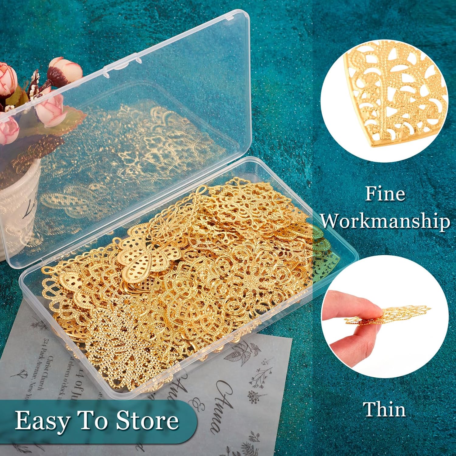 48 Pcs Golden Filigree Charms Joiners Links Thin Flower Stainless Steel Pendants Metal Teardrop Flower Heart Charms Etched Metal Embellishments for Earrings Jewelry Making Crafts - Image 7