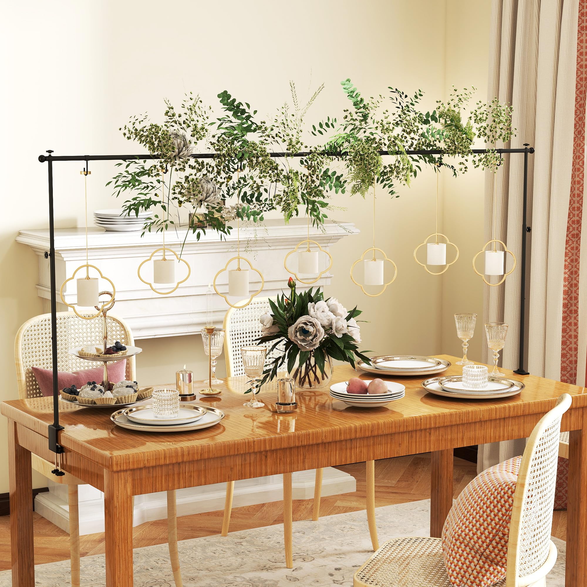 tonchean Barre de suspension de table avec pinces - Longueur jusqu'à 248 cm, hauteur 74-103 cm, barre de présentation de table, support de serrage en métal noir pour décorations, mariage, anniversaire