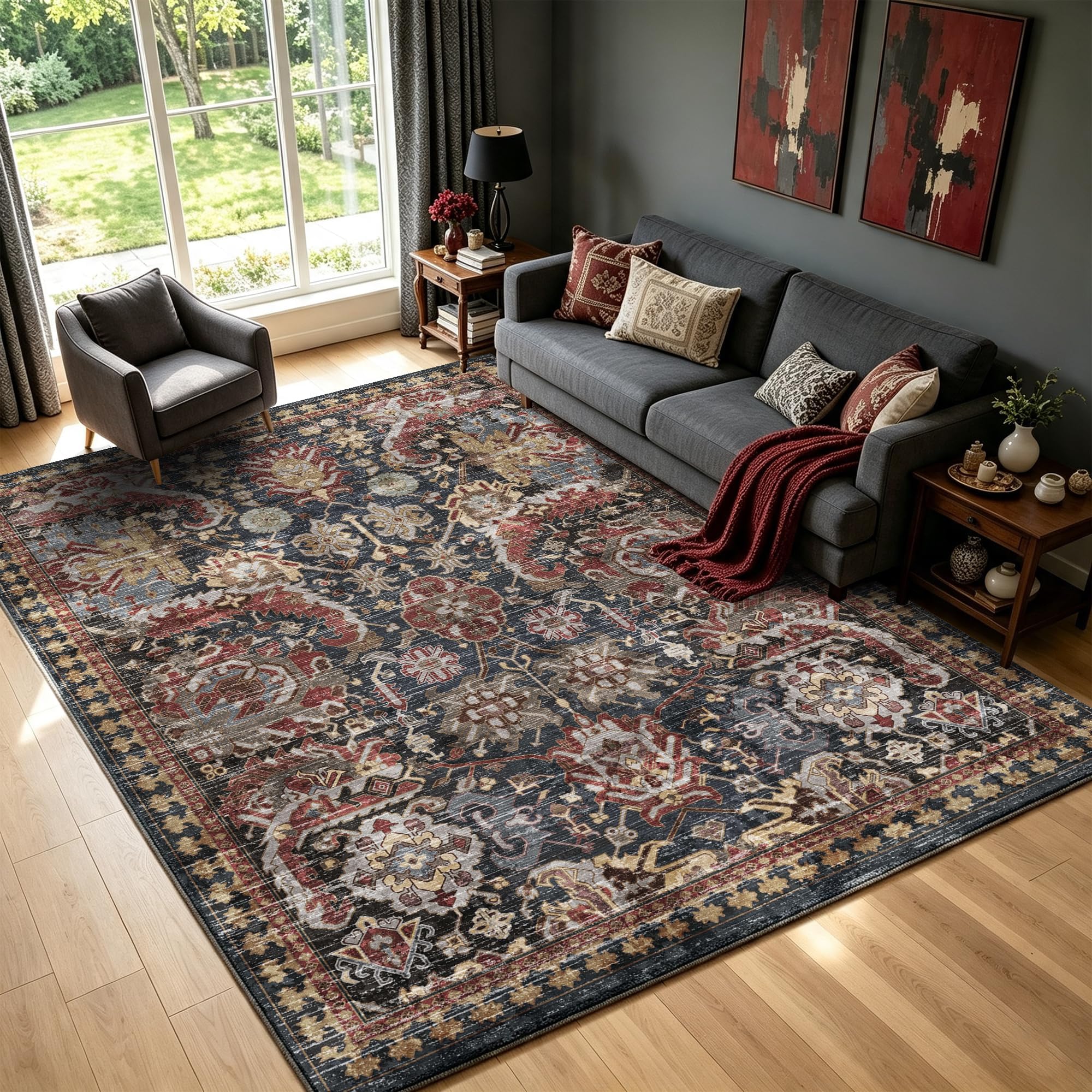 Washable Area Rugs - Perfect for Living Room, Bedroom, Kids Room, Nursery - Stain & Water Resistant Non-Slip, Pet & Child Friendly, Vintage Tribal Area Rugs (Rust, 6' x 9')