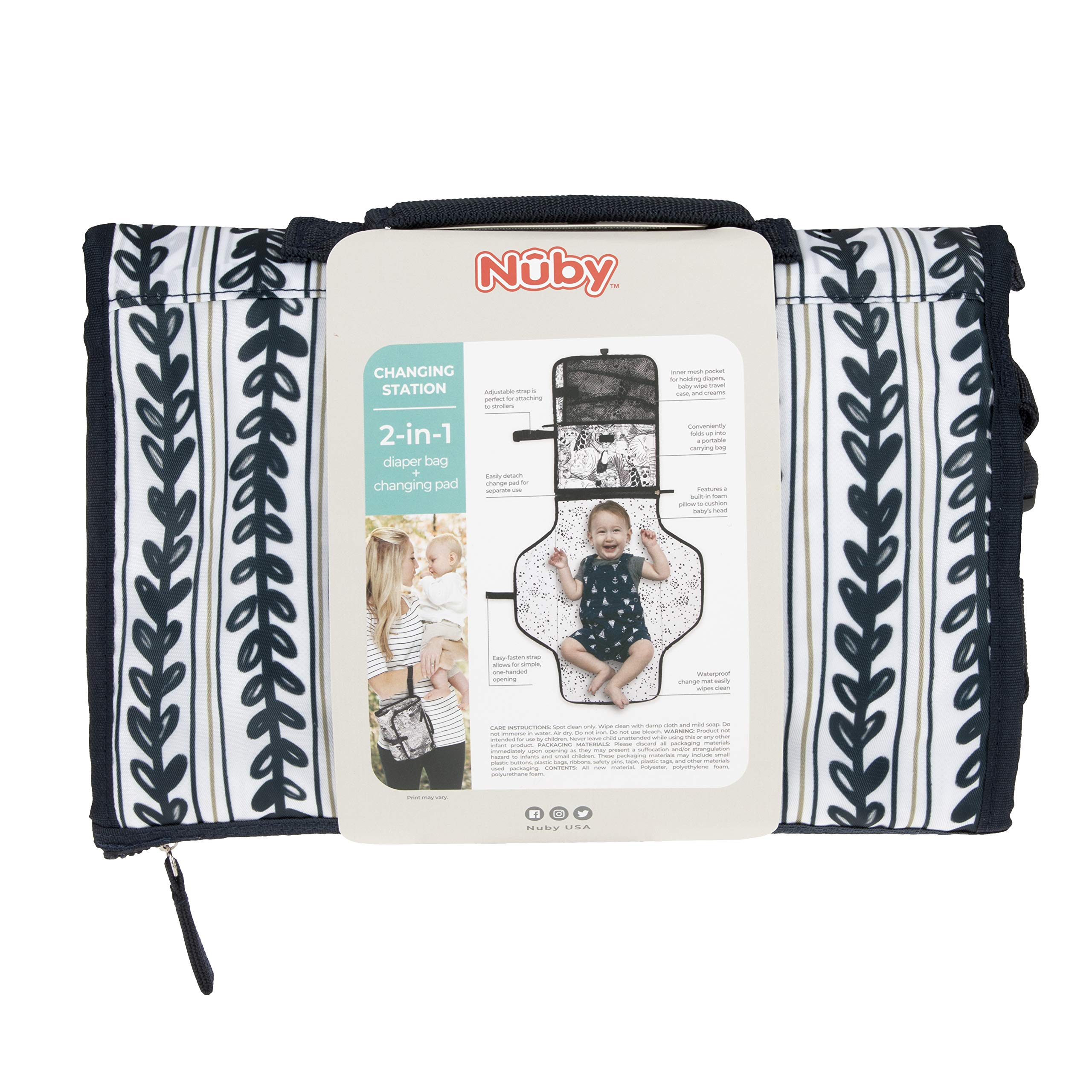 Nuby Matelas à langer portable pour bébé - Facile à nettoyer - Avec oreiller intégré - Imprimé à rayures