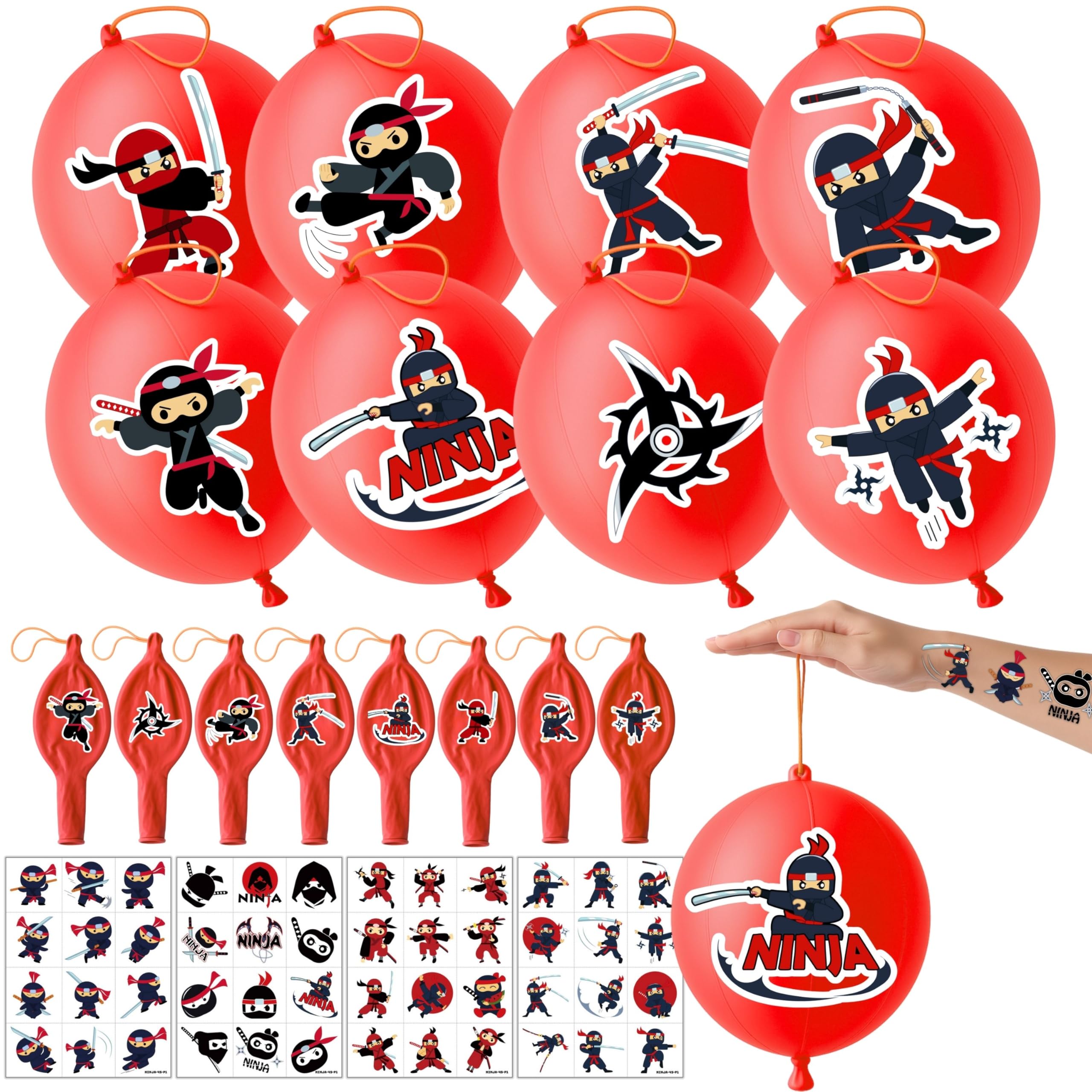 72 PCS Ninja Party Favors – 48 Temporary Tattoos & 24 Punch Balloons