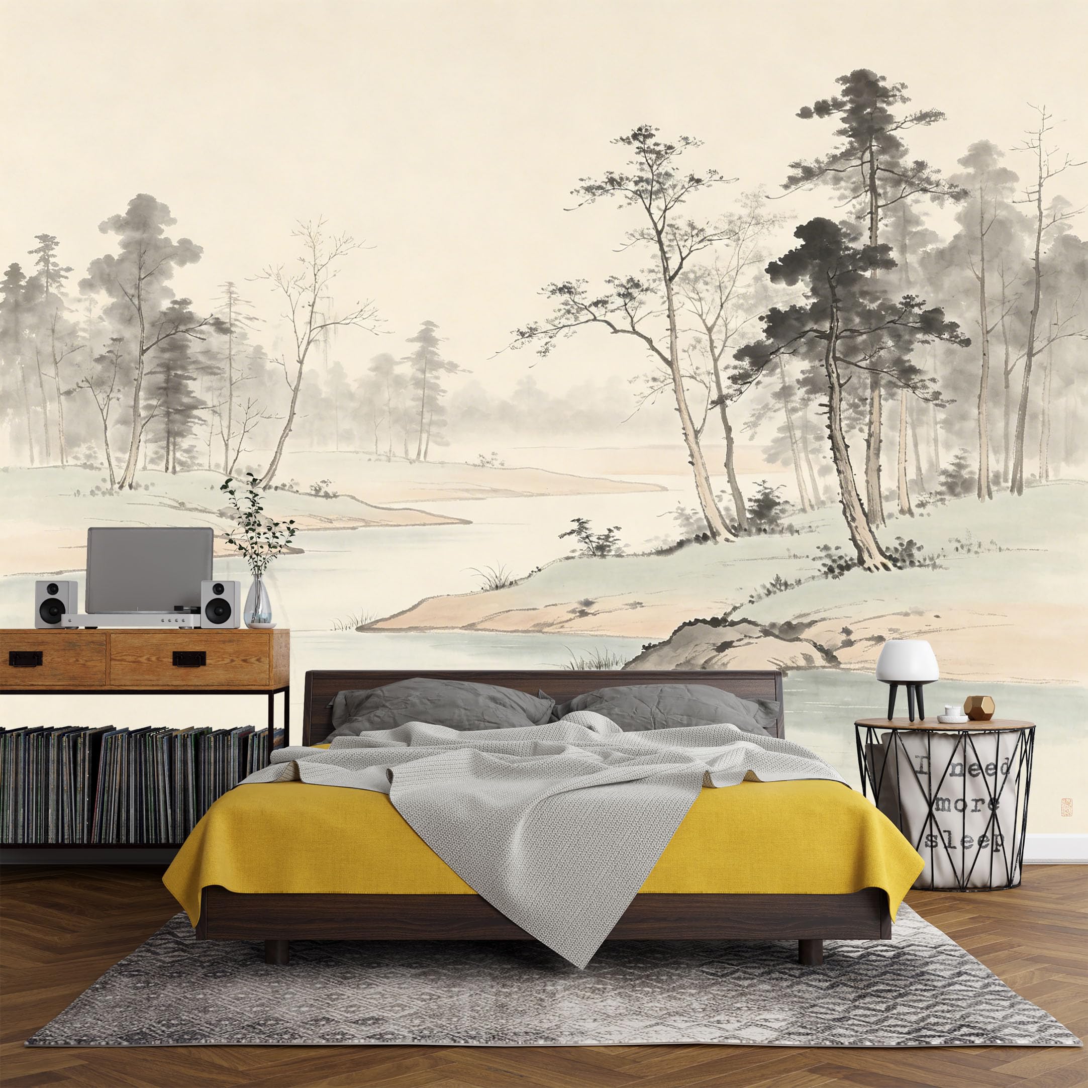 Custom Size Wall Mural， Watercolor Forest River Landscape Misty Pines Scenery Nature Art，SelfAdhesive Art Prints wall Fabric (No PVC) Removable Wallpaper Living Room Decor