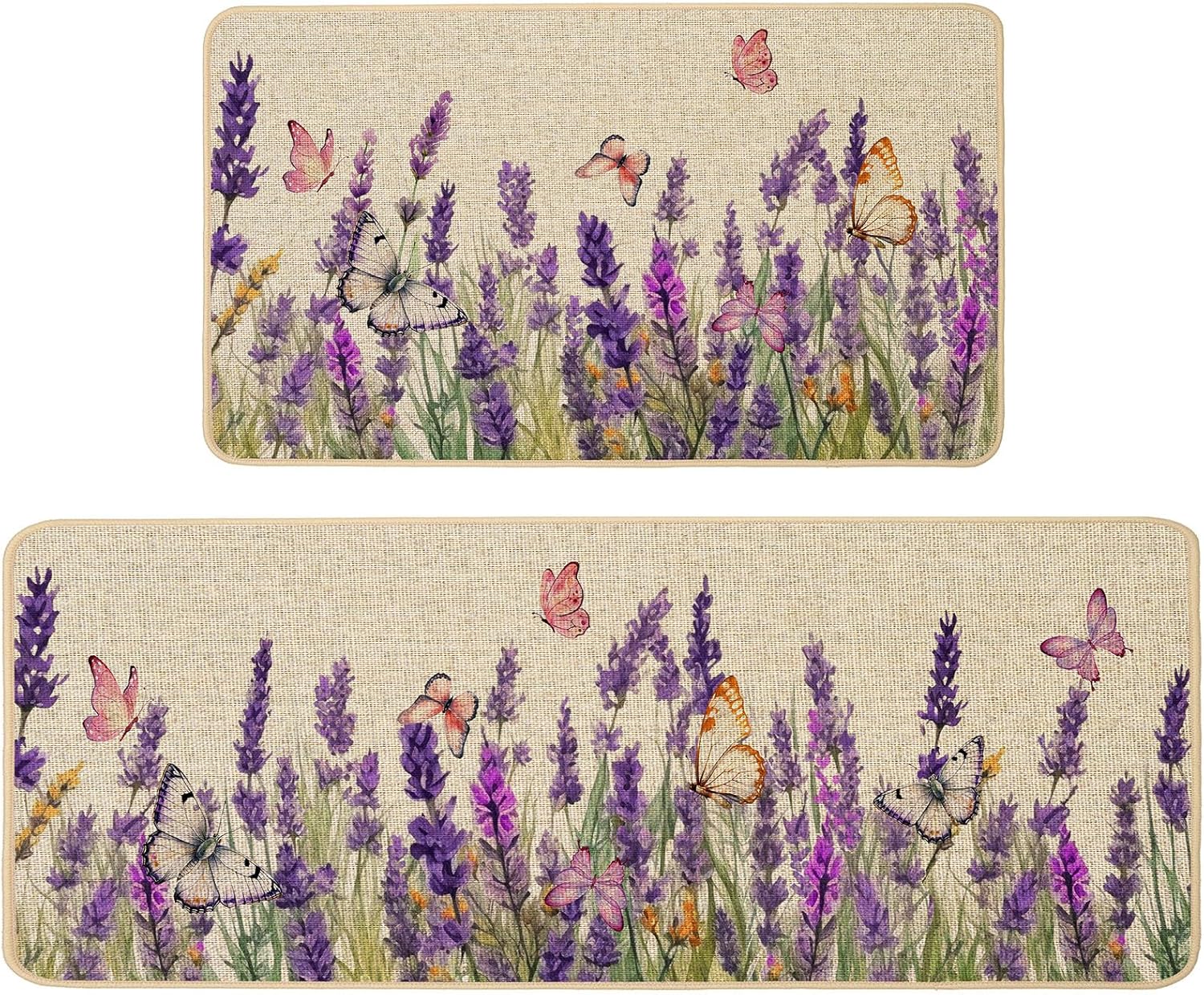 Baccessor Lavender Kitchen Mats Set of 2, Spring Summer Purple Flowers Floral Dragonflies Kitchen Rug Absorbent Non Slip Sink Floor Long Runner Mat Farmhouse Home Decoration 17x29 and 17x47 Inch