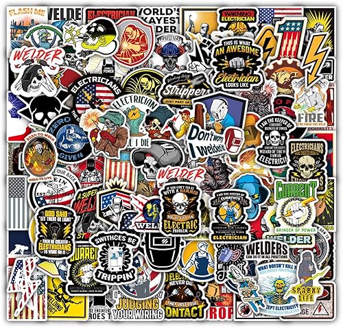 Paquete de 100 calcomanías para casco duro, electricista y soldador, calcomanías mixtas de vinilo impermeables, divertidas calcomanías para casco de