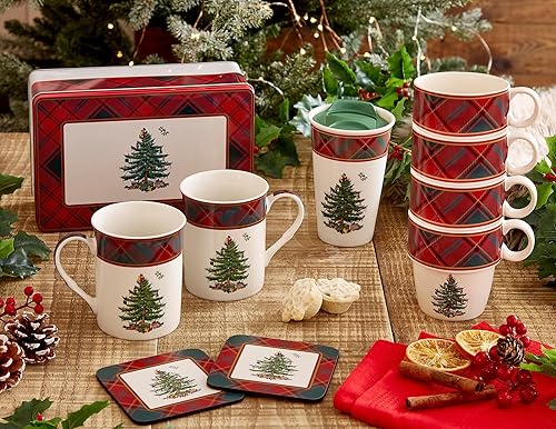 Miniatura 7 de Spode Juego de tazas y posavasos de 5 piezas con diseño de árbol de Navidad con caja de regalo de lata, juego de regalo festivo para café y té,