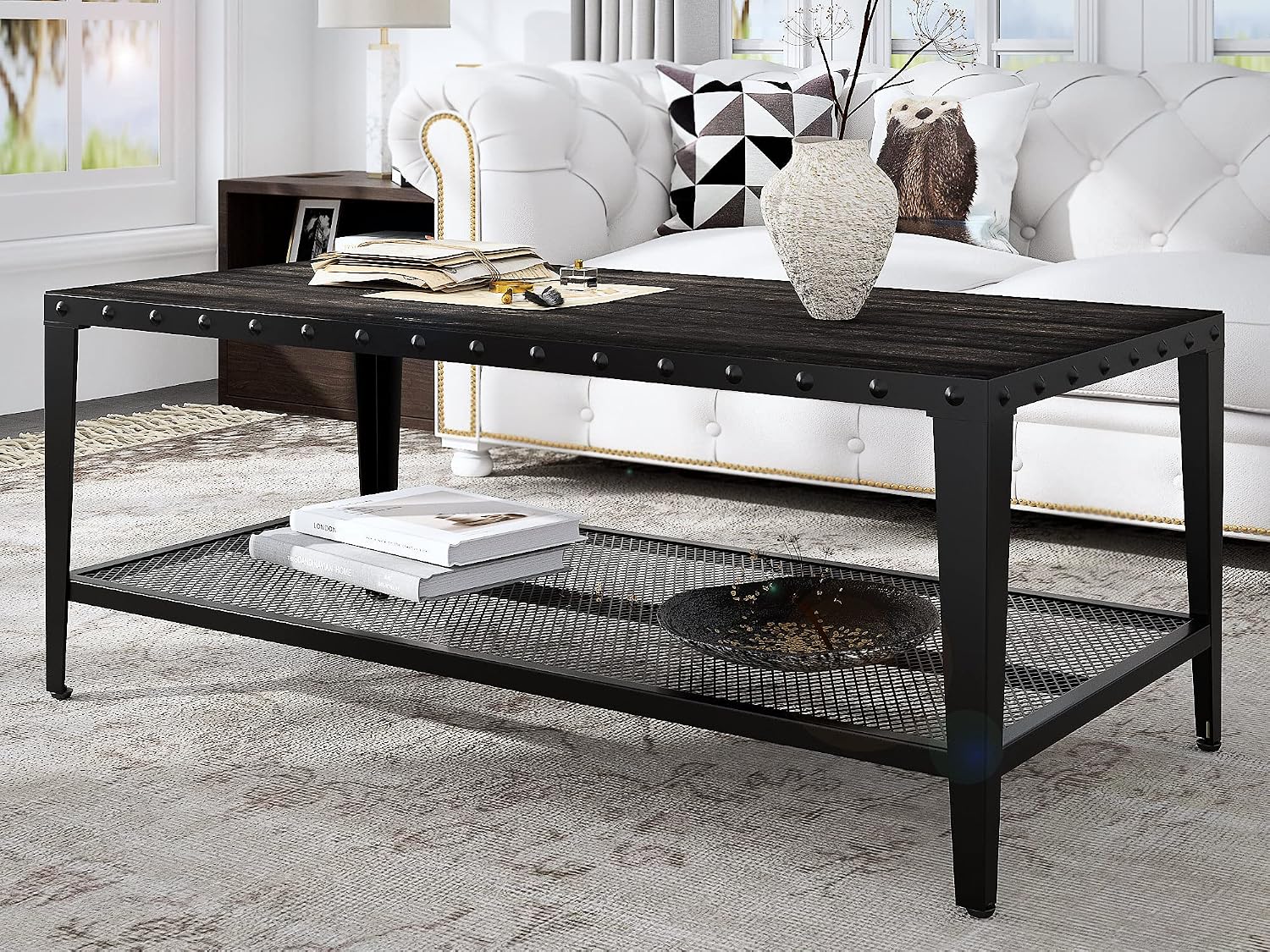 Allewie 44.3" Industrial Coffee Table, Living Room Table with Dense Mesh Shelf and 2-Tier Large Storage Space, Accent Furniture with Rivet Design, Black