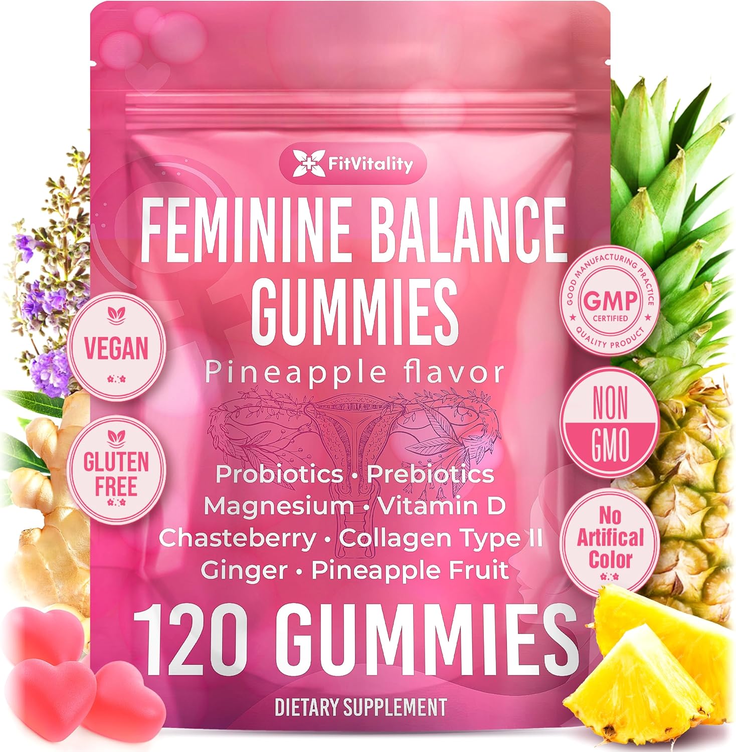 Premium 120 Feminine Balance Gummies – Probiotics, Collagen Type II, Chasteberry, Vitamin D & Magnesium – Gluten-Free, Pineapple Flavor, Vegan
