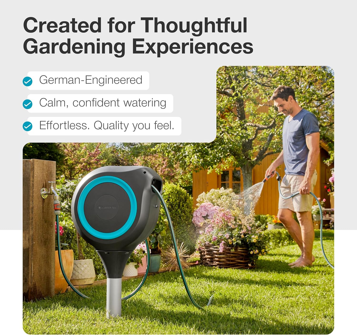 GARDENA 18614 | 66' x 1/2" Automatic Retractable Garden Hose Reel on Metal Spike, Outside Garden Hose with 360° swivel. No Holes in your house, Easy Installation, No Tools Required