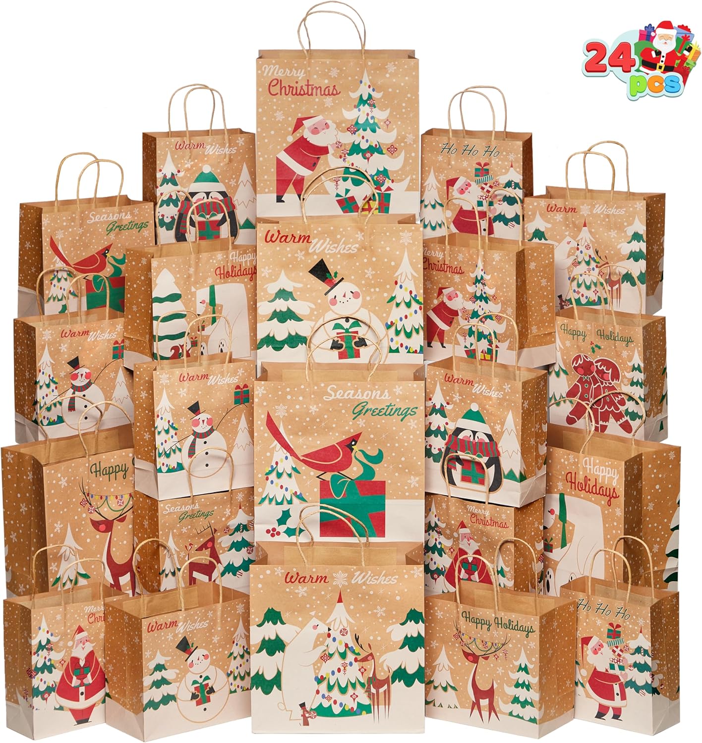 JOYIN 24 PCS Christmas Kraft Gift Bags with Assorted Sizes, Present Bags for Wrapping Xmas Holiday Party Favors, Thanksgiving Gift Decoration, School Classrooms (Classic) Not Include Tissue Paper