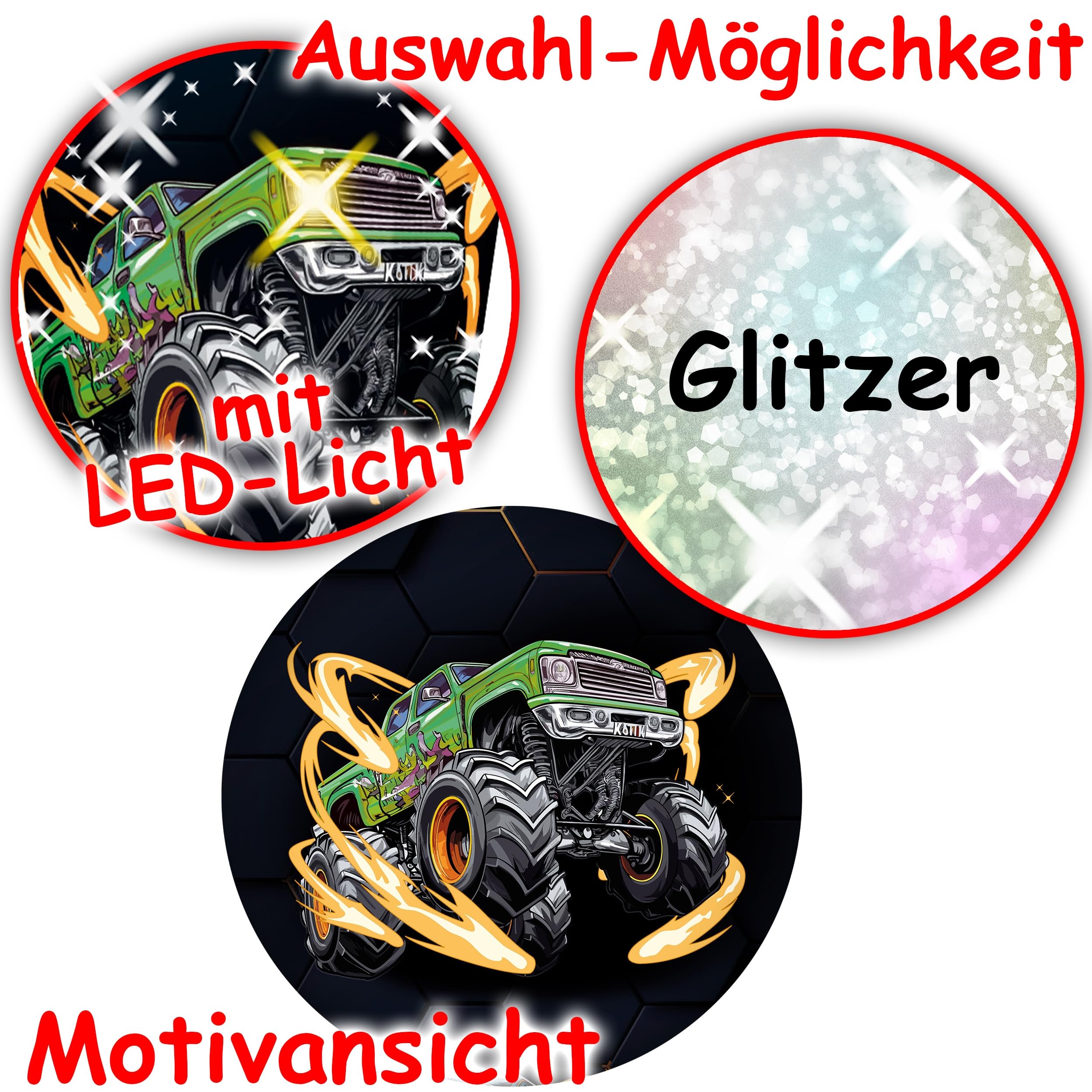 alles-meine.de GmbH Schultüte - mit LED LICHT + 3D Glitzer - Effekt ! - Monstertruck - 35-85 cm - Größe wählbar - Spitze wählbar - inkl. Name + Tüll Schleife - Zuckertüte - Tül..