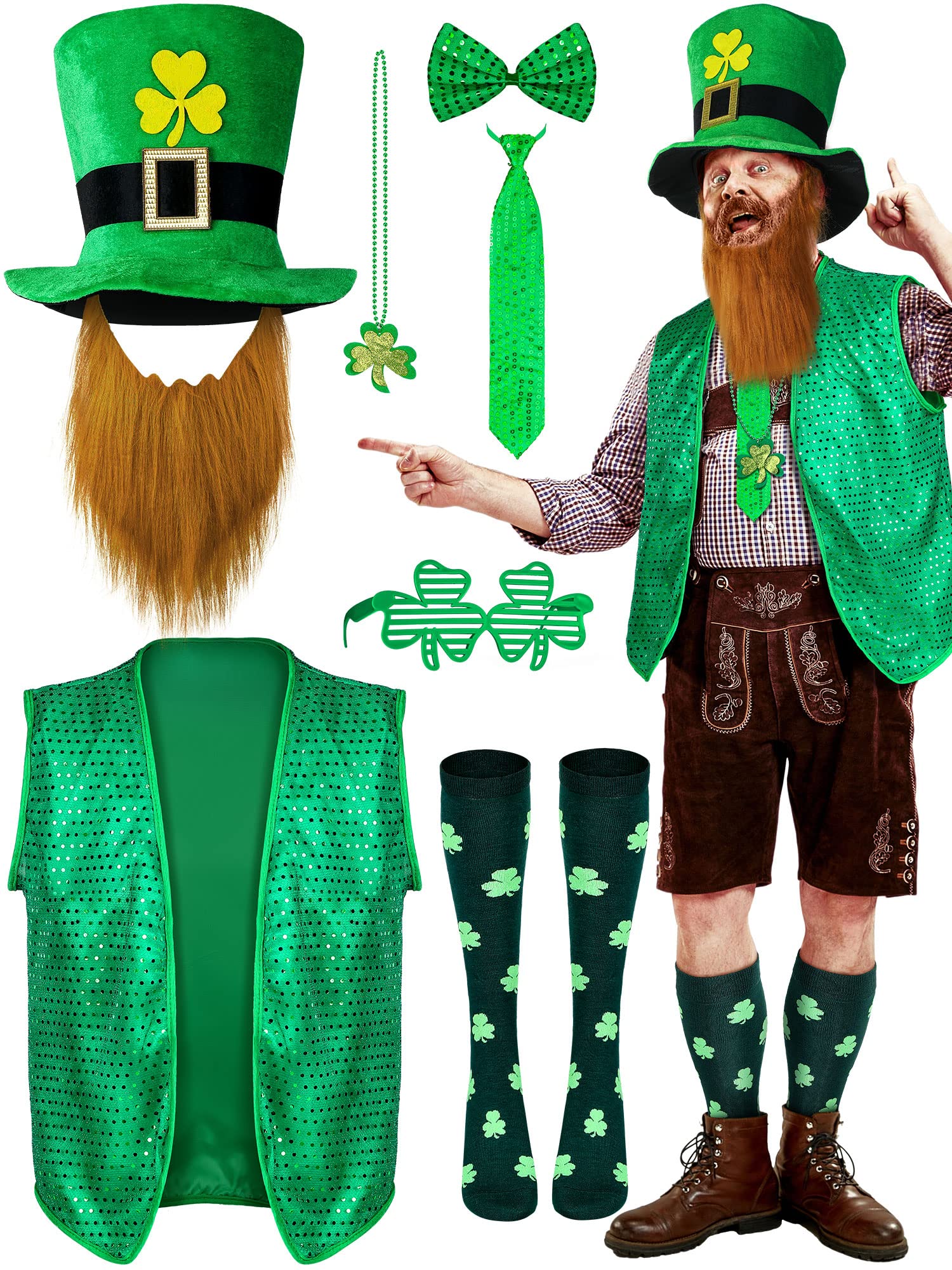 8 Pcs St Patrick's Day Costume Set Sequin Vest Shamrock Leprechaun Hat Irish Faux Mustache Glasses Necklace Socks