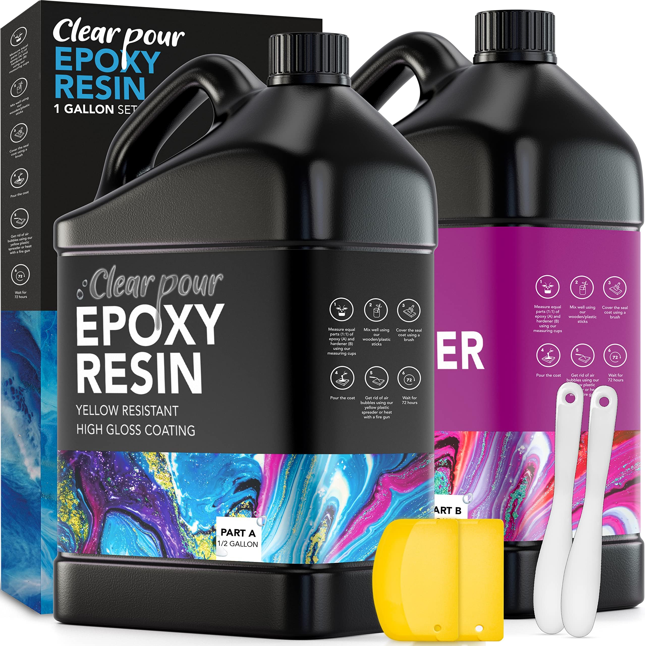 Clear Pour 1 Gallon Epoxy Resin Kit - Premium Clear Epoxy Resin for Countertop, Table Top, Art, Craft, DIY, Tumblers, Wood & Resin Molds (0.5 Gallon x 2)