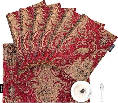 Miniatura 1 de Loom and Mill Juego de 6 manteles individuales de damasco de lujo para Navidad, juego de 6 manteles individuales de felpilla jacquard vintage para