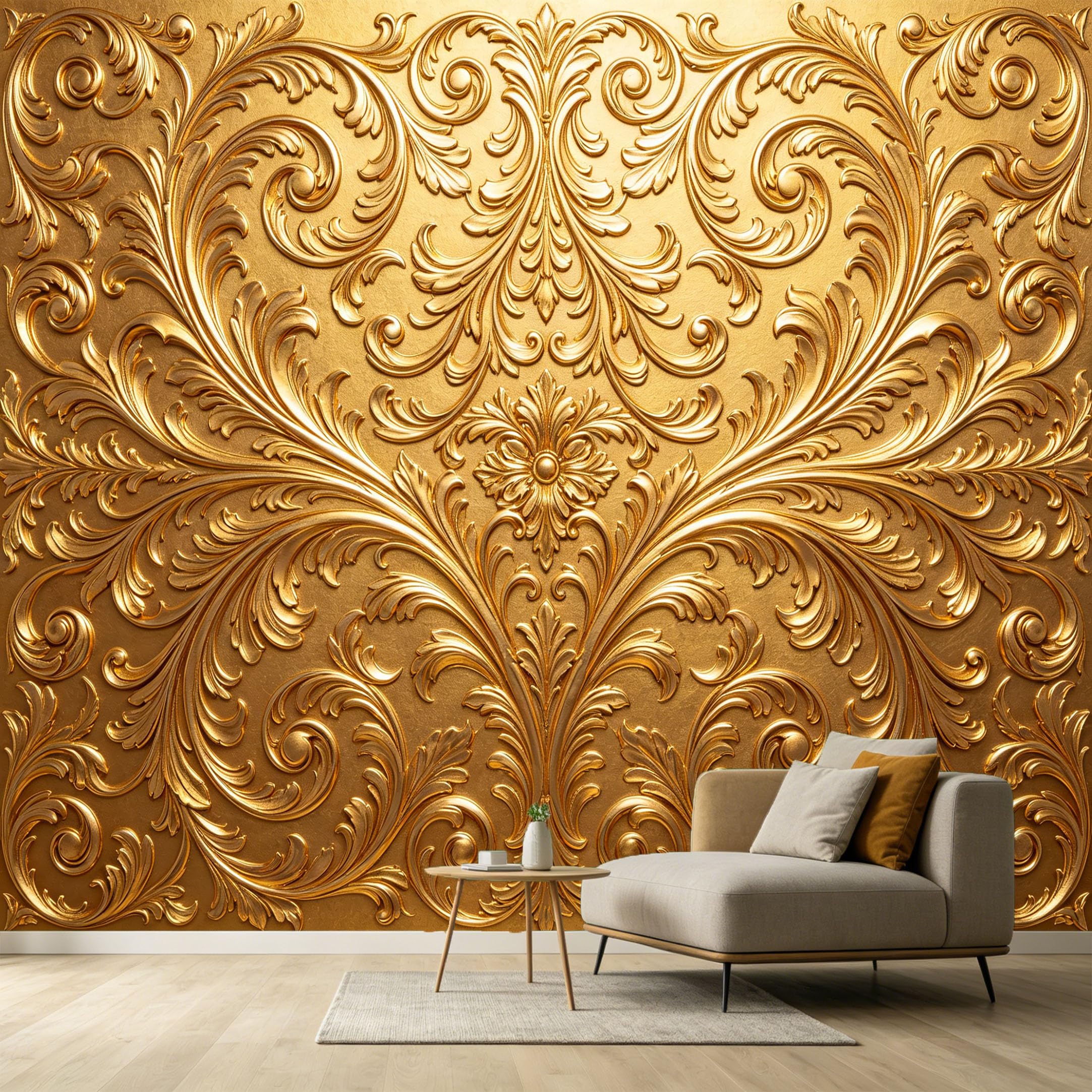 Custom Size Wall Murals Neoclassical Gold Pattern Textured Scrollwork 3D Effect SelfAdhesive Wall Fabric Removable Large Wallpaper for Photo Living Room