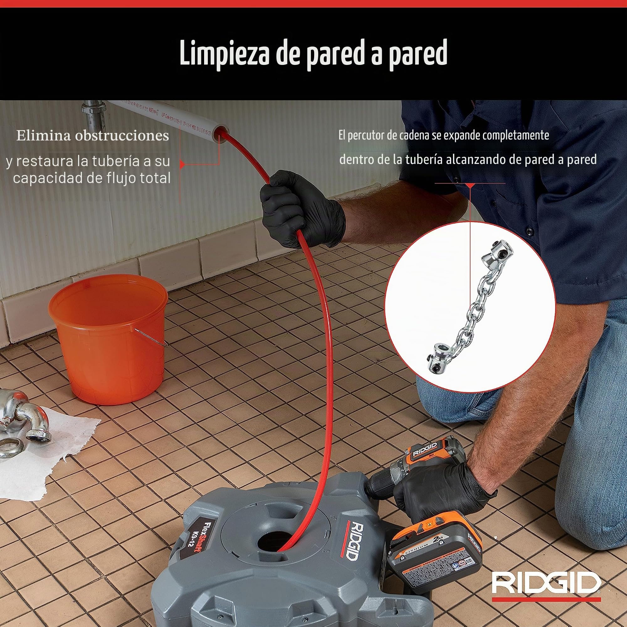 FlexShaft Limpiador de desagües de pared a pared, 1/4 pulgadas. x 30 pies. Limpia 1-1/4 pulgadas. a 2 pulgadas. Tubos a capacidad de flujo completo