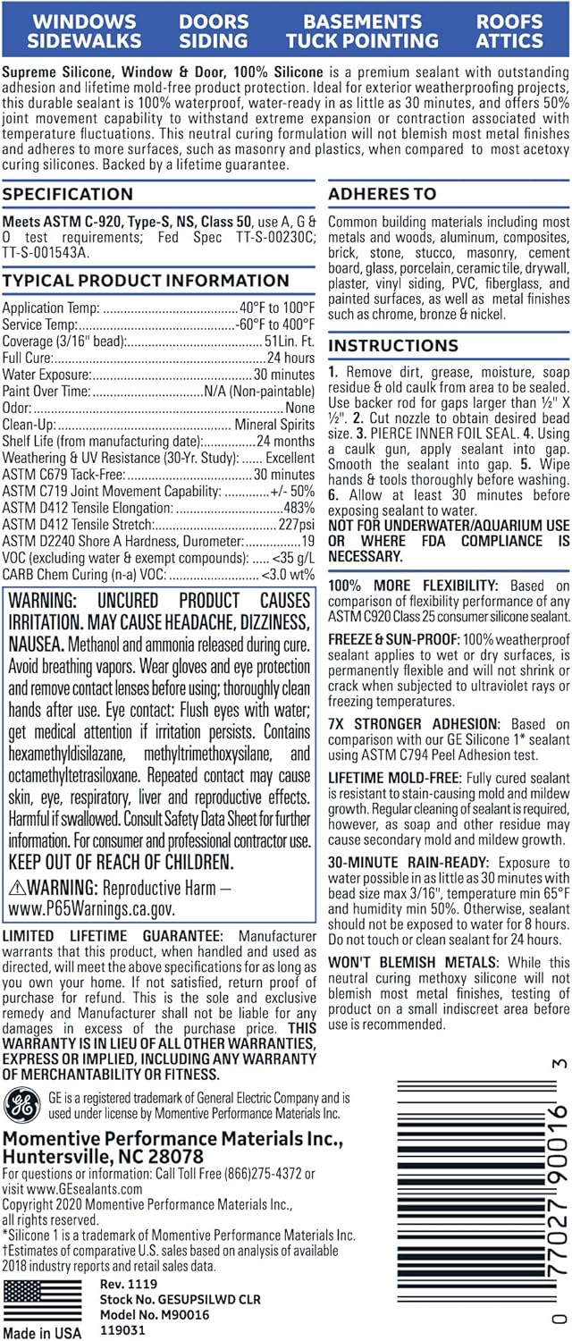 GE M90016 Supreme Silicone Window & Door Sealant, 10.1oz, Clear : Industrial & Scientific