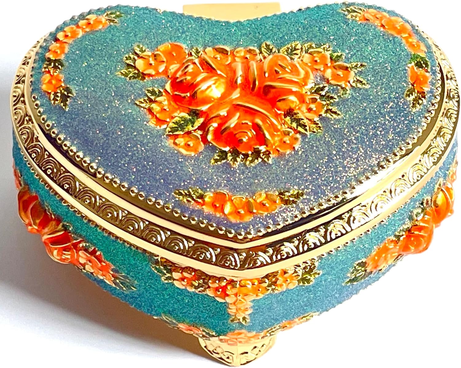 Heart Shape Jewelry Box,Rose Relief Metal Jewelry Chest,Necklace Earrings Ring Storage Case for Women (Golden Starlight Blue-purple, Medium)