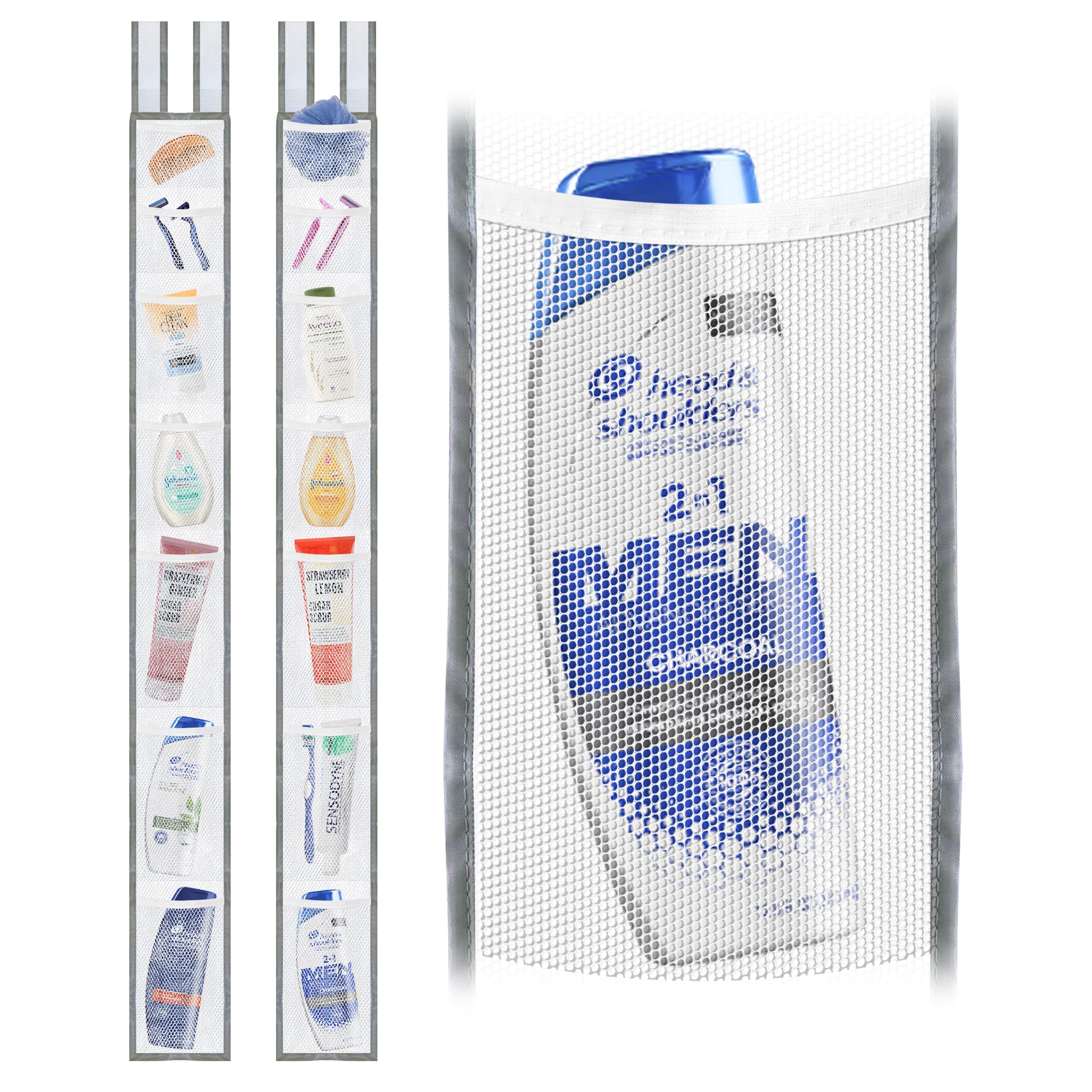 Skywin TidyFriend Mesh Shower Caddy Hanging 60 x 6 Inches, 2 Pack Mesh Hanging Organizer with 7 Pockets, 100% Polyester, Adjustable Velcro Strap or