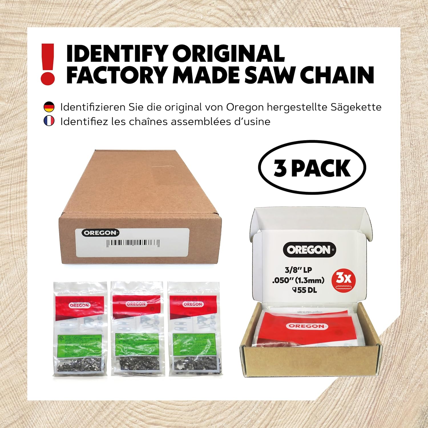 Oregon 3-Pack 3/8" LP Pitch, .050" (1.3 mm) Gauge, Chainsaw Chain for 16" (40cm) Bar, 55 Drive Links – Semi-chisel Replacement Saw Chain, Fits Stihl, Craftsman, Poulan, McCulloch and more